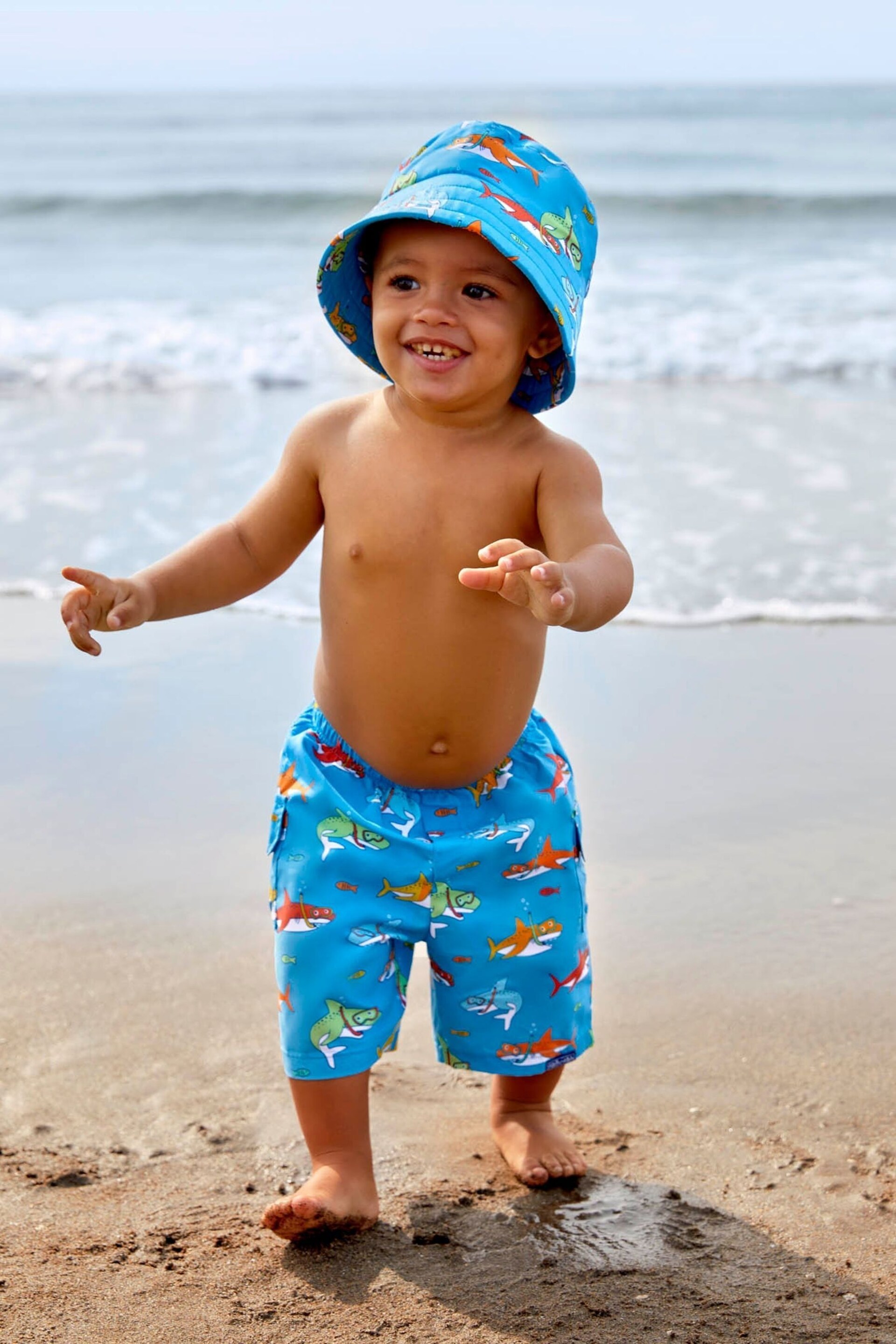 JoJo Maman Bébé Blue Shark No Nappy Swim Shorts - Image 1 of 5