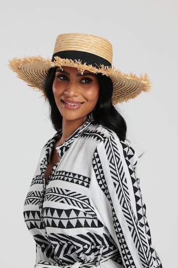 South Beach Natural Straw Boater Hat with Frayed Edge