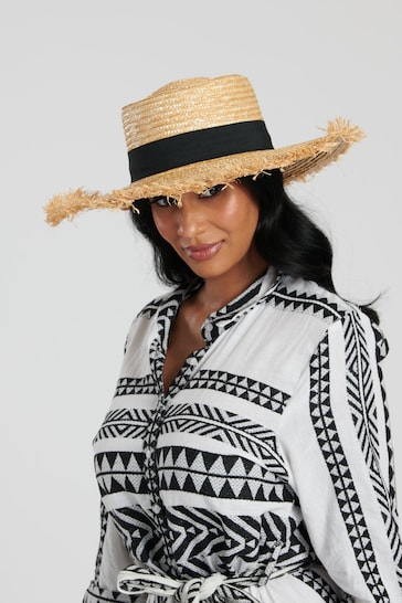 South Beach Natural Straw Boater Hat with Frayed Edge