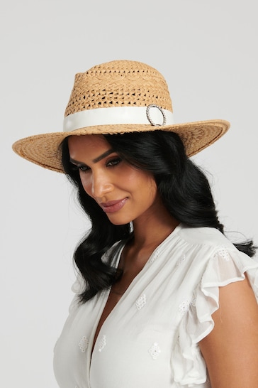 South Beach Natural Fedora Hat with Embellished Trim