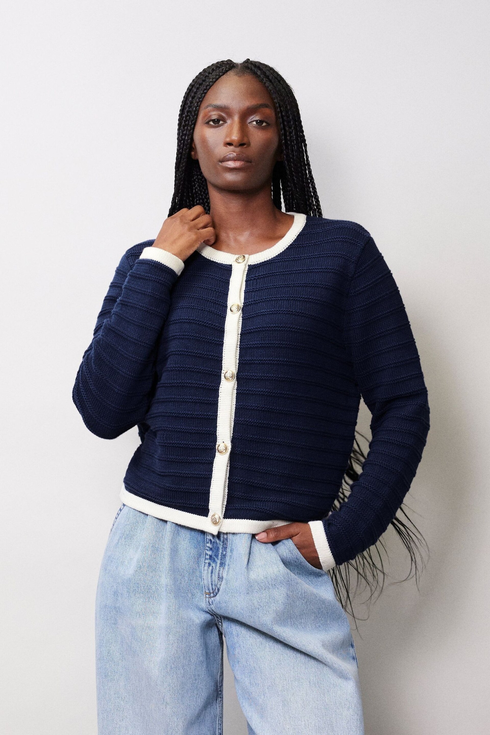 Albaray Blue Knitted Contrast Trim Cardigan - Image 1 of 4