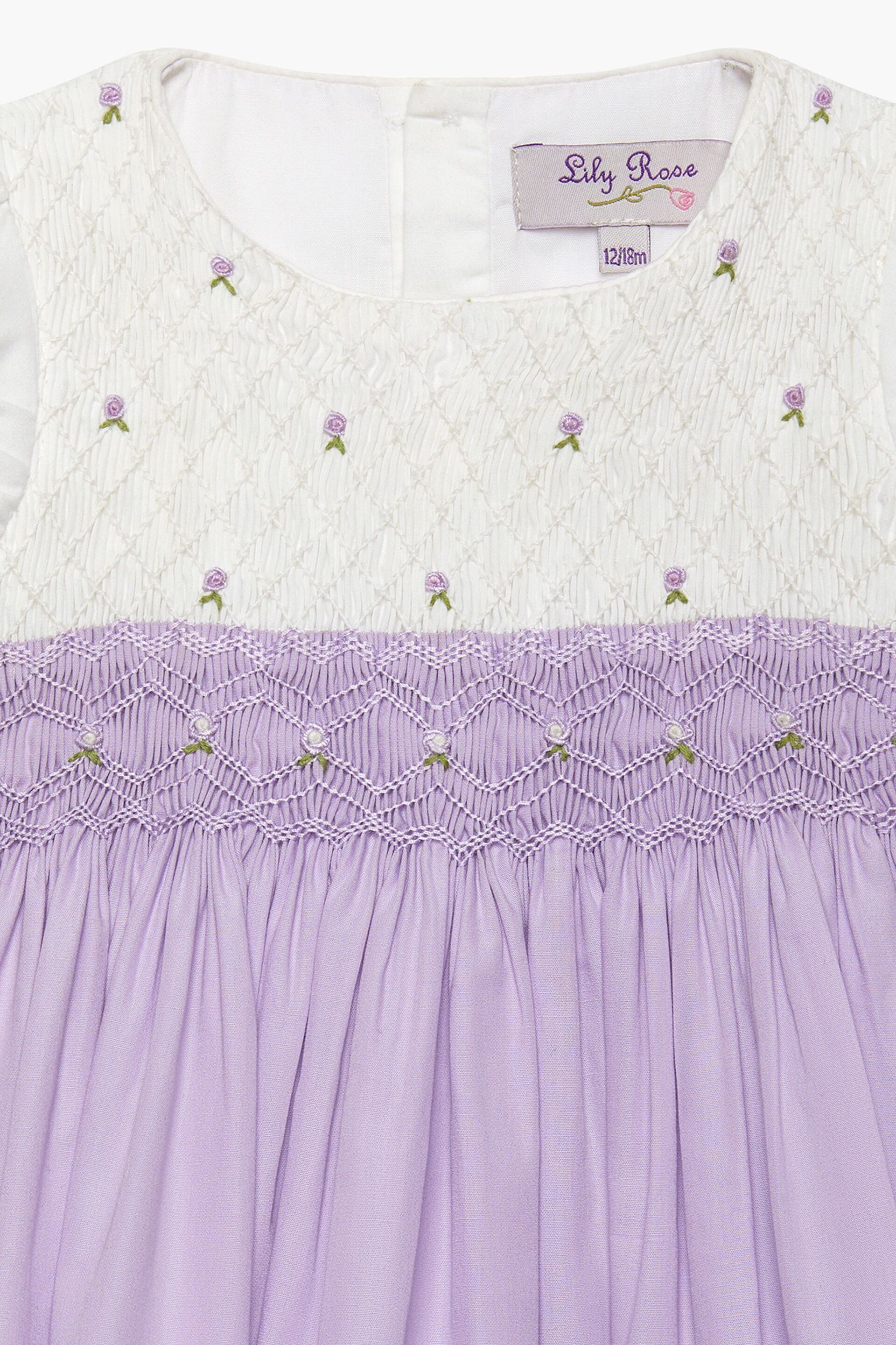 Trotters London Purple Little Rose Hand Smocked Cotton Dress - Image 4 of 4