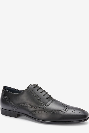 Black Regular Fit Leather Oxford Brogue Shoes