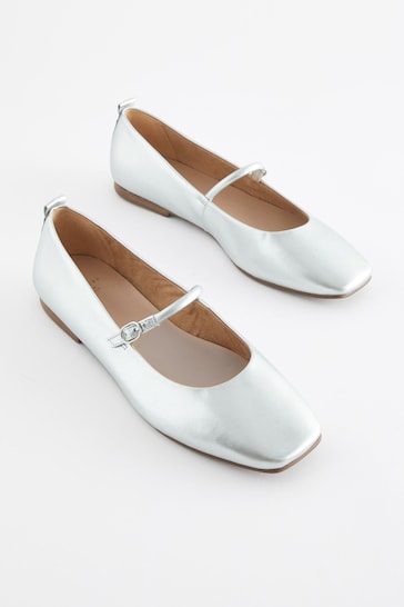 Silver Signature Leather Mary Jane Flat Shoes