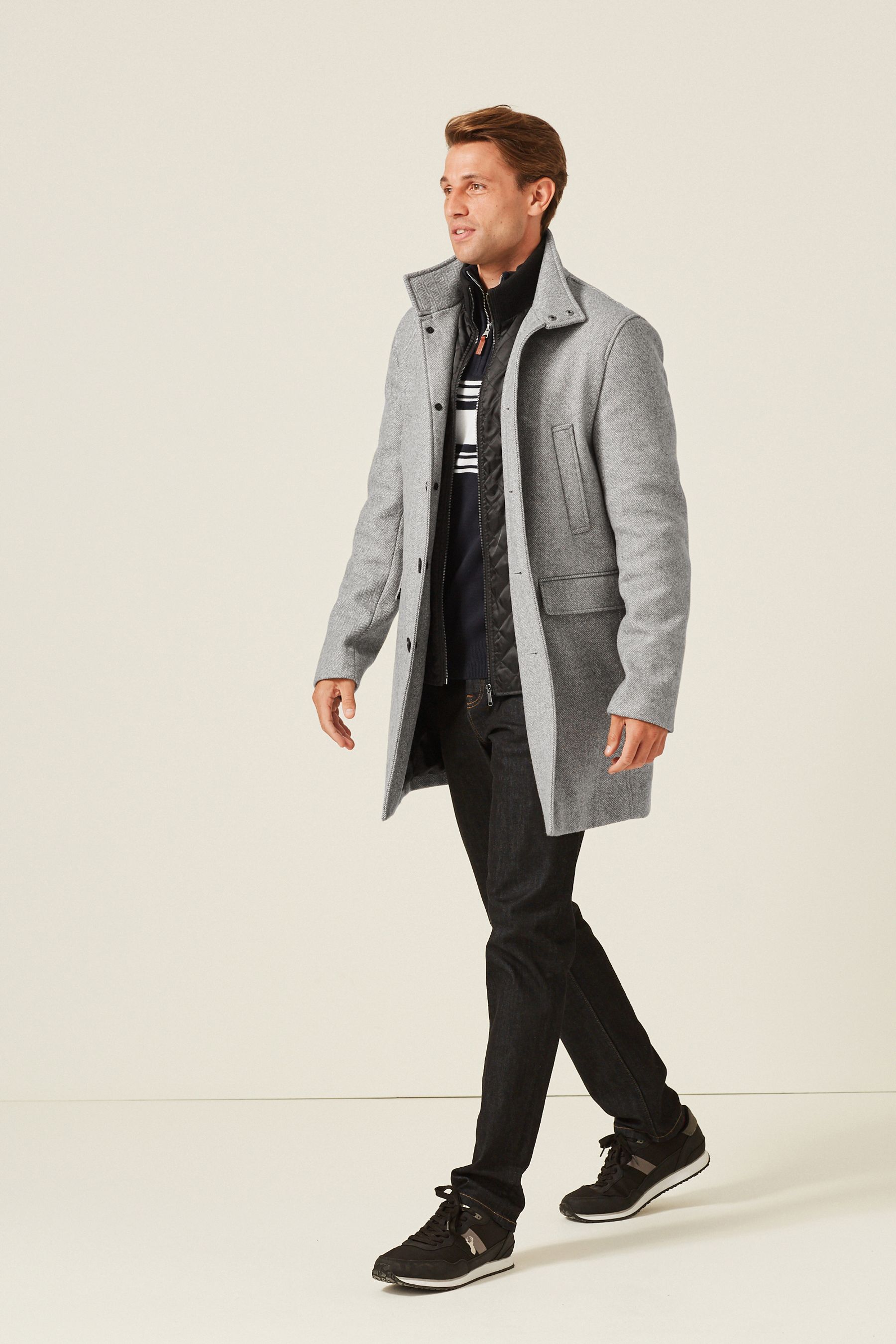 Light Grey Wool Blend Mock Gilet Herringbone Padded Coat