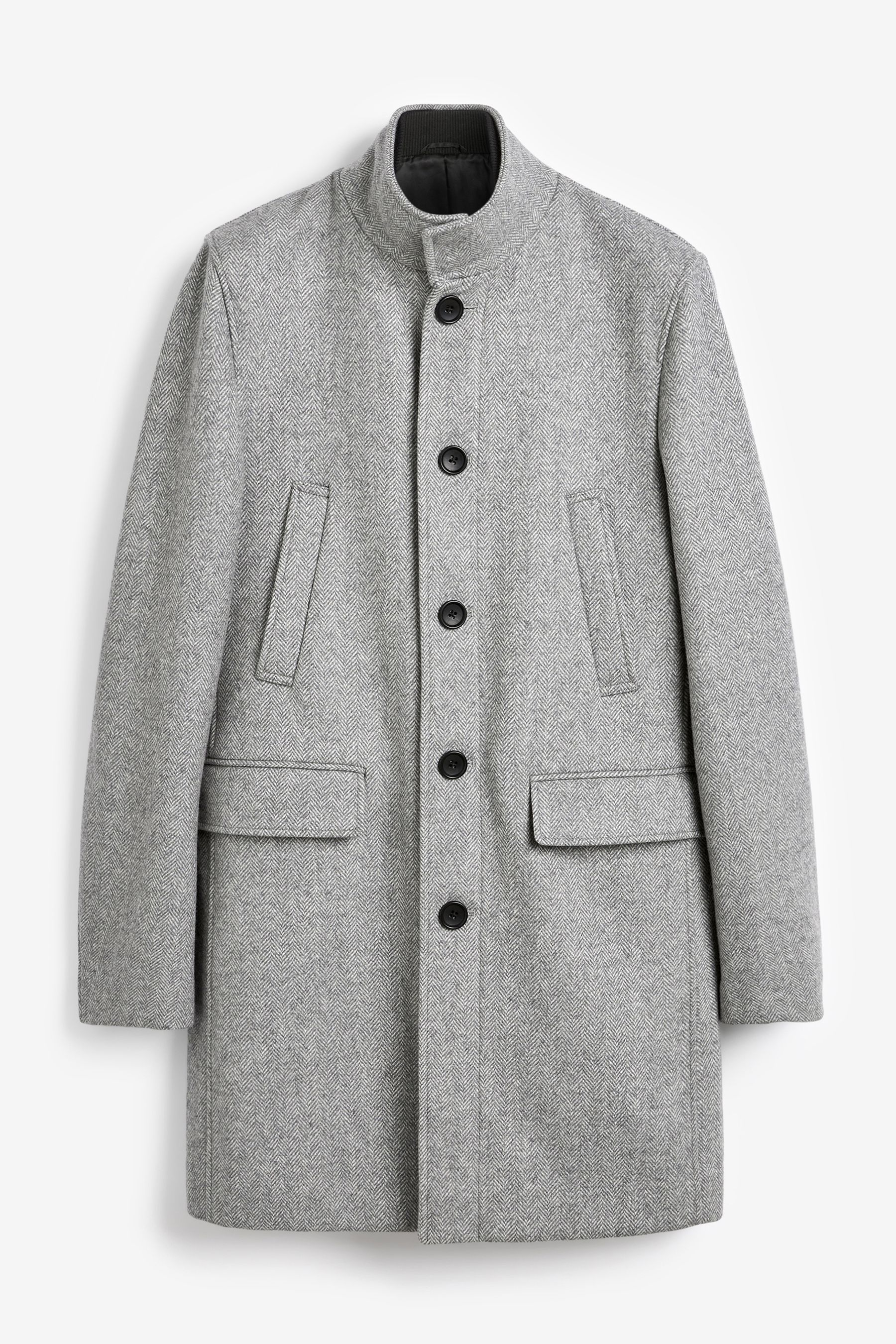 Light Grey Wool Blend Mock Gilet Herringbone Padded Coat