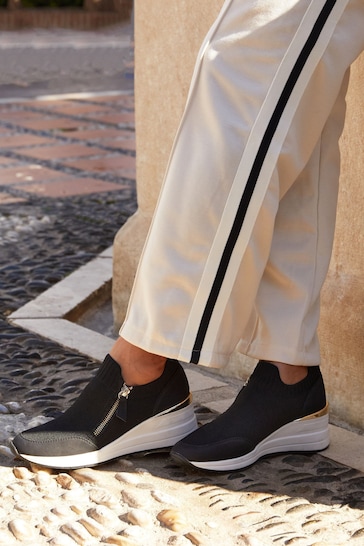 Linzi Black Adler Flyknit Wedged Sneakers With Zip Detail