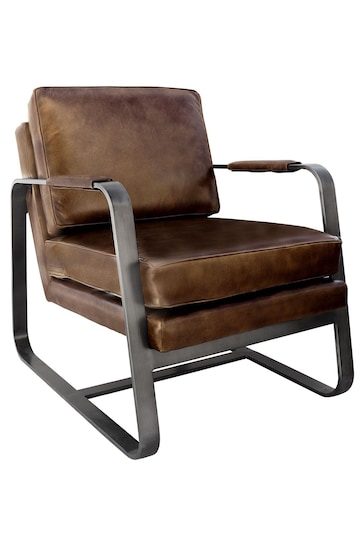 K Interiors Brown Halton Genuine Leather & Iron Lounge Chair