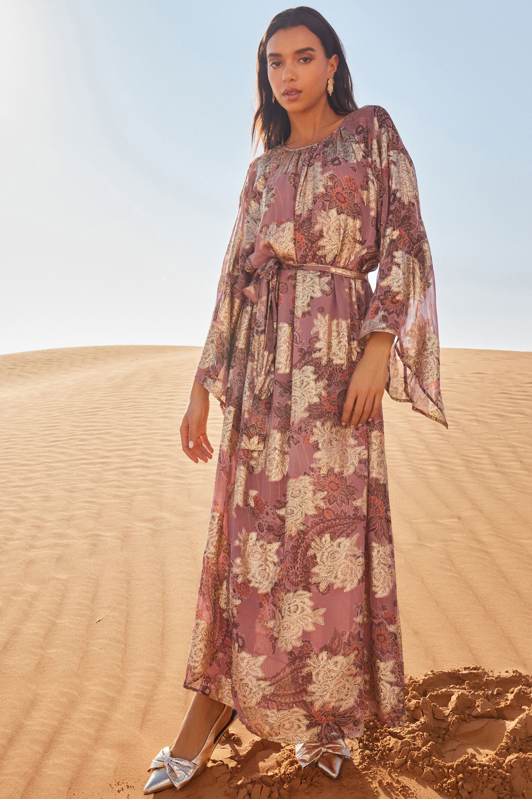 Buy Pink Occasion Metallic Long Sleeve Dress from Next Luxembourg