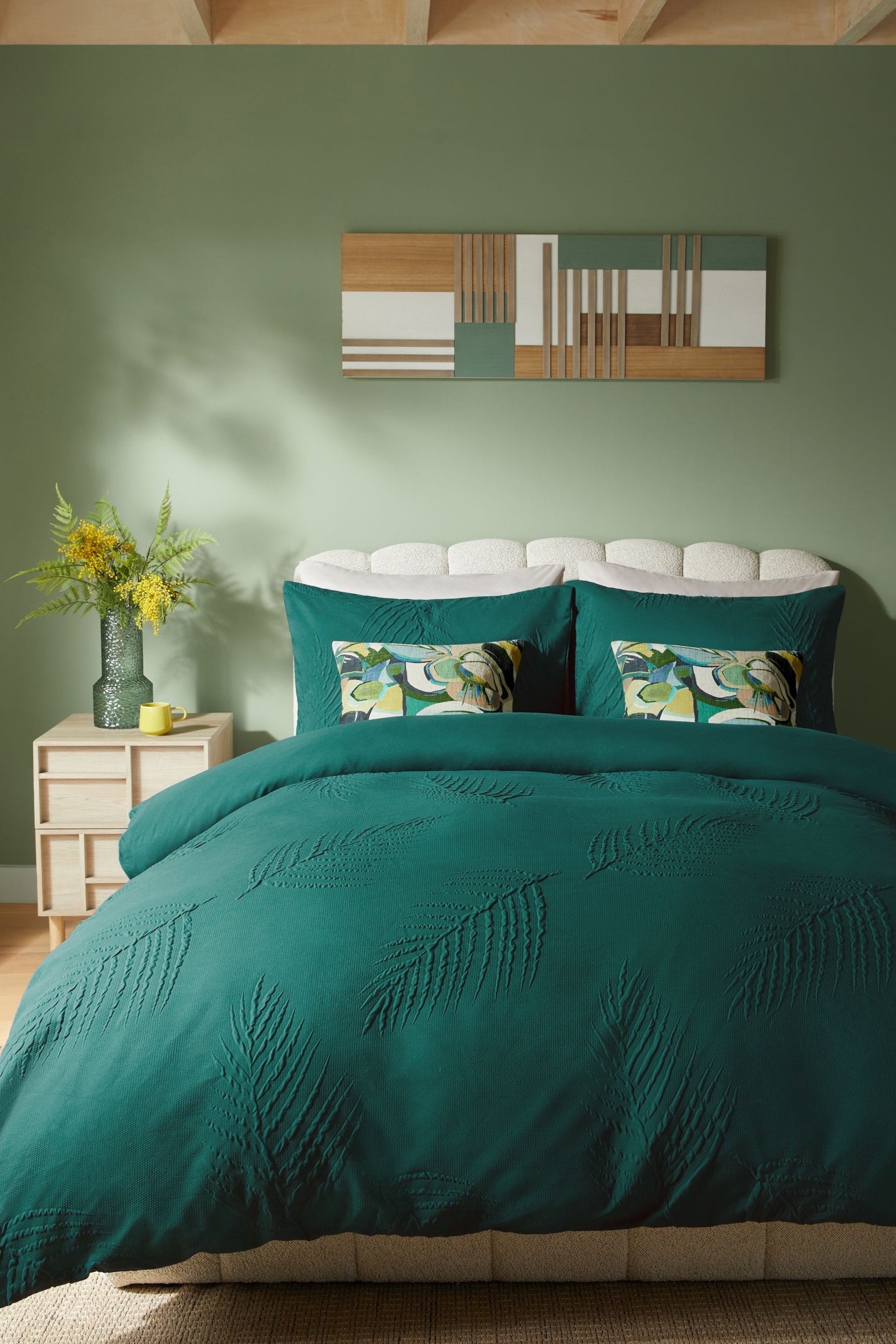 Green Embossed Leaf Duvet Cover and Pillowcase Set - Image 3 of 5