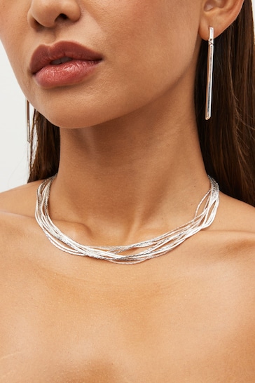 Silver Tone Snake Chain Multi Row Necklace