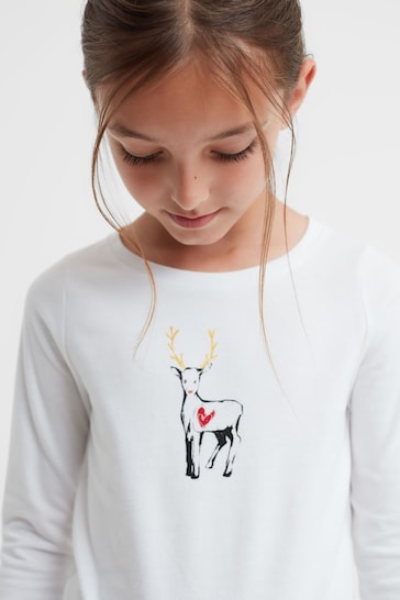 Reiss White Marli Senior Cotton Reindeer Long Sleeve T-Shirt