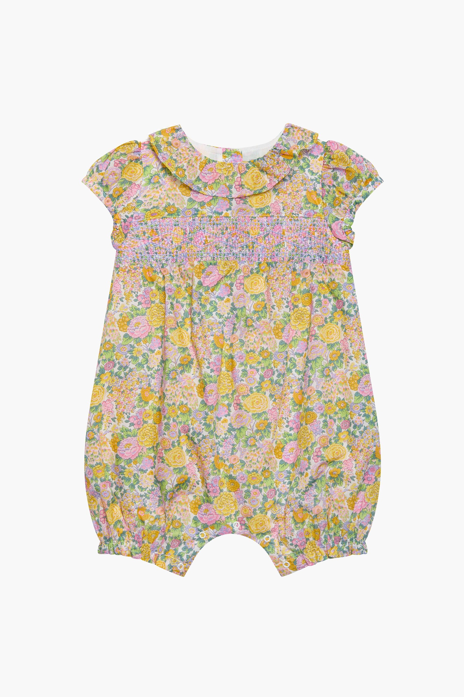Trotters London Yellow Little Liberty Print Lemon Elysian Day Smocked Cotton Willow Romper - Image 1 of 3