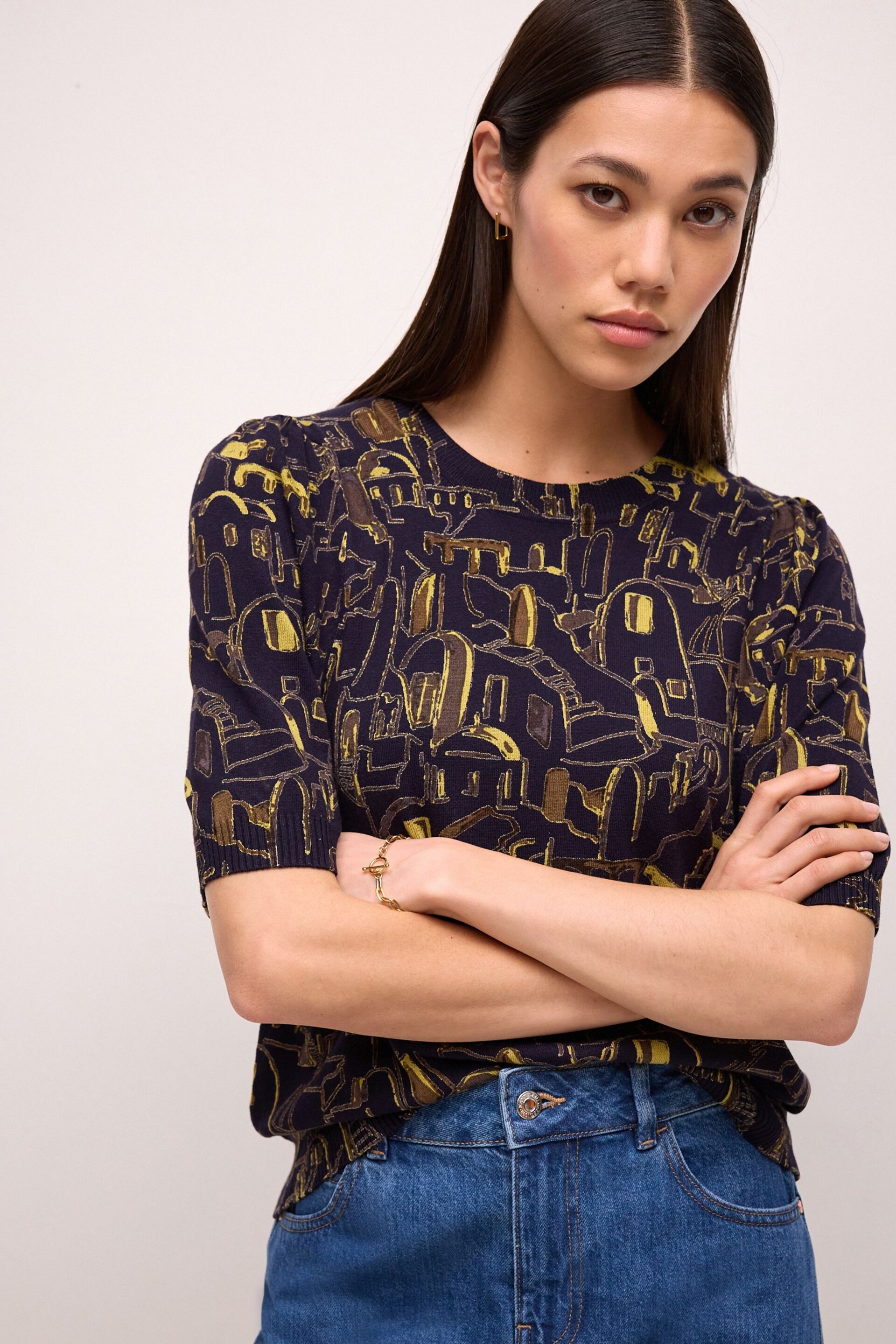 Navy Blue Print Printed Crew Neck Short Sleeve Knitted Top - Image 1 of 7