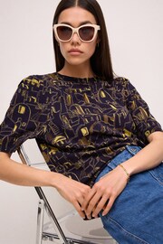 Navy Blue Print Crew Neck Short Sleeve Knitted Top - Image 3 of 7