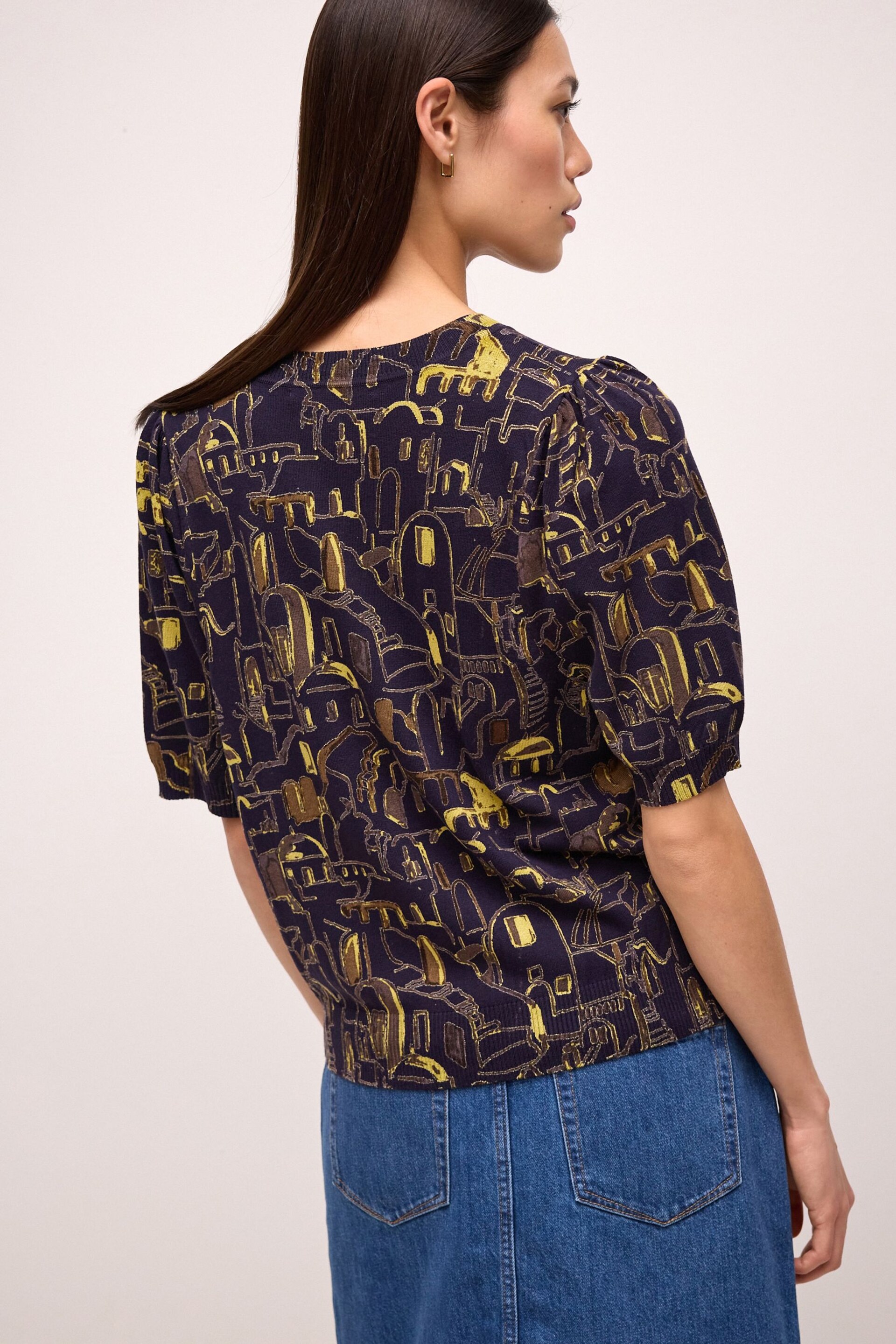 Navy Blue Print Printed Crew Neck Short Sleeve Knitted Top - Image 4 of 7