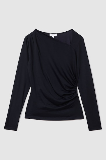 Reiss Navy Sandy Ruched Asymmetric Neck Top
