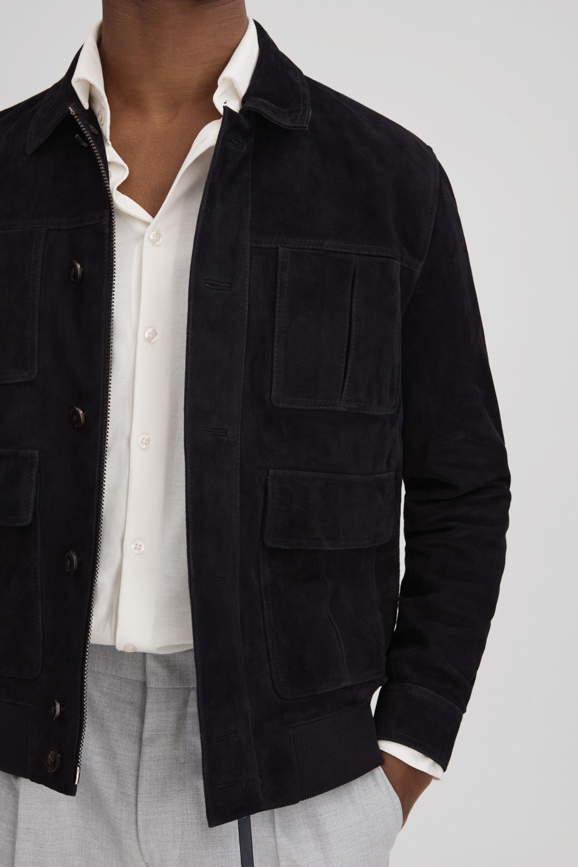 Reiss Navy Thomas Suede Chest Pocket Jacket - Image 4 of 6