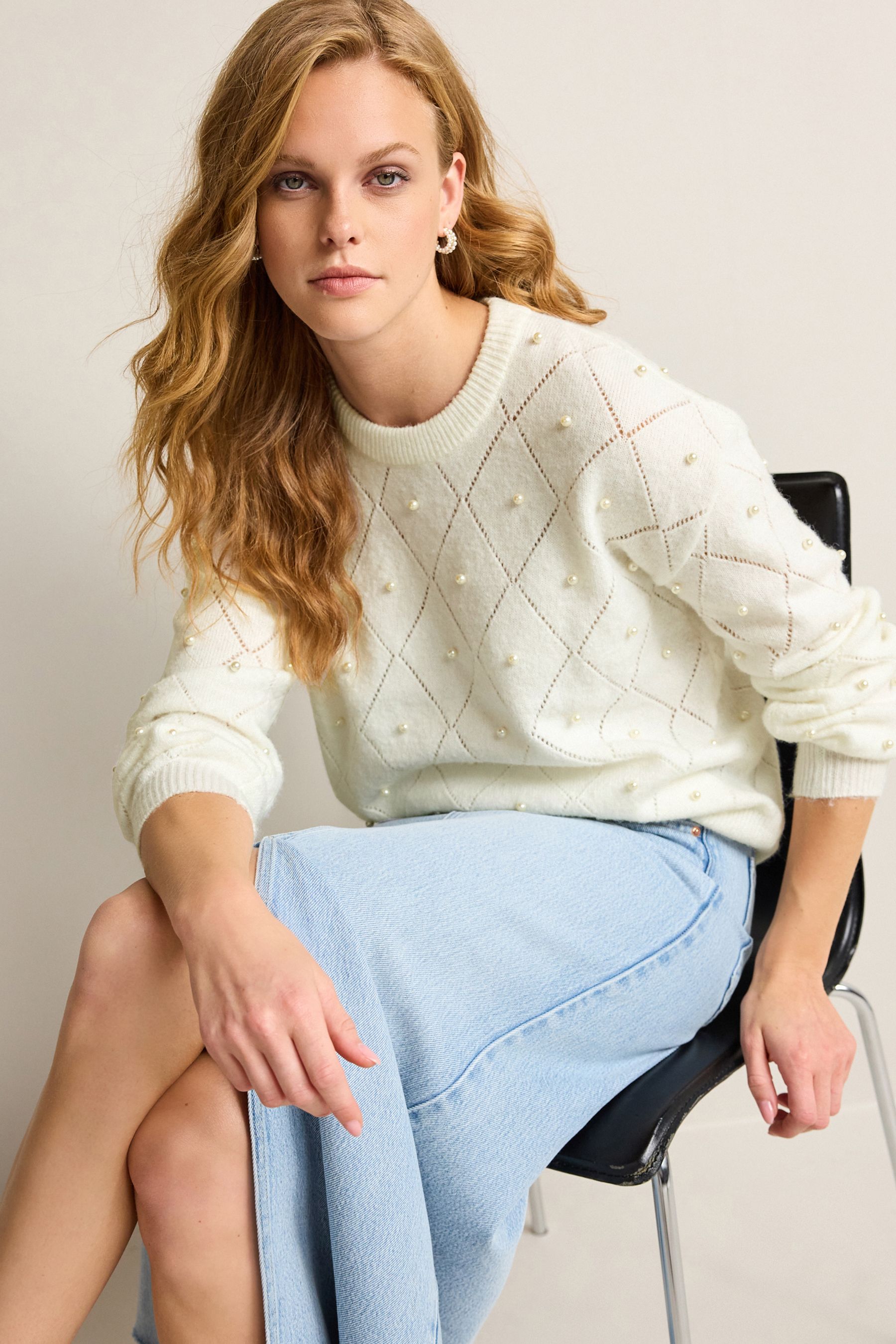 Ecru White Pearl Embellished Jumper