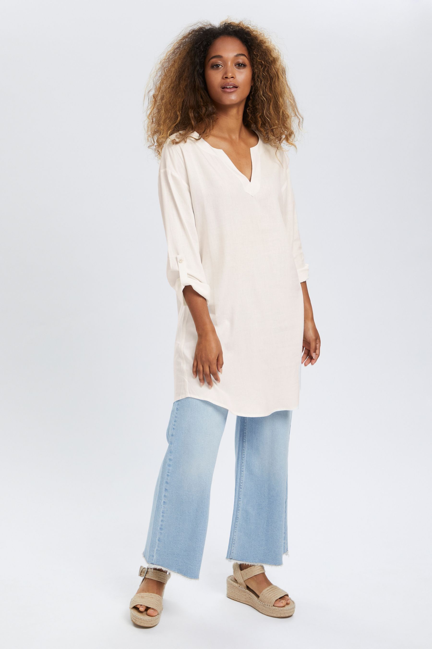 Cream Venta V Neck Mid Thigh Length Tunic with Linen
