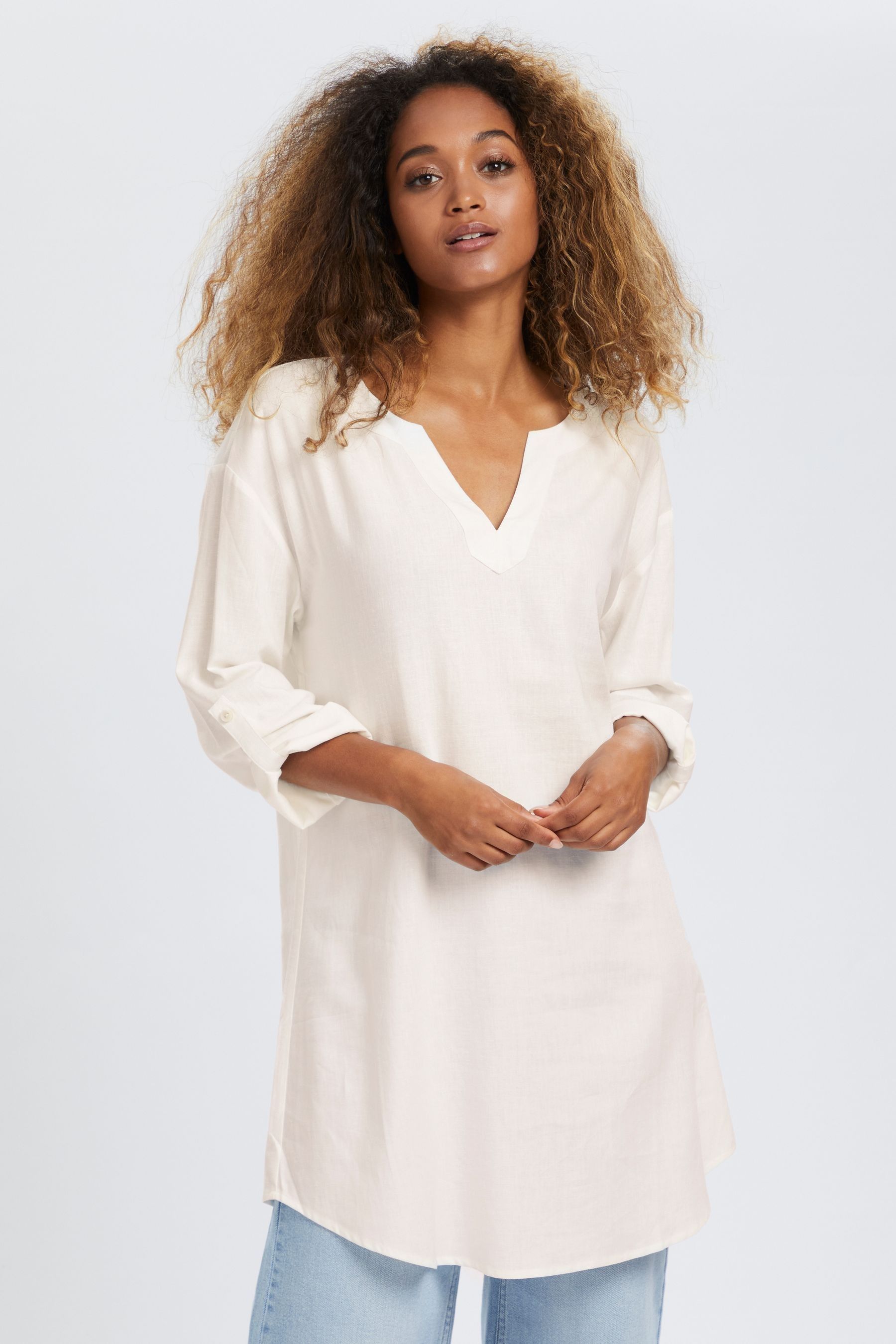 Buy Cream Venta V Neck Mid Thigh Length Tunic with Linen from the Next UK online shop