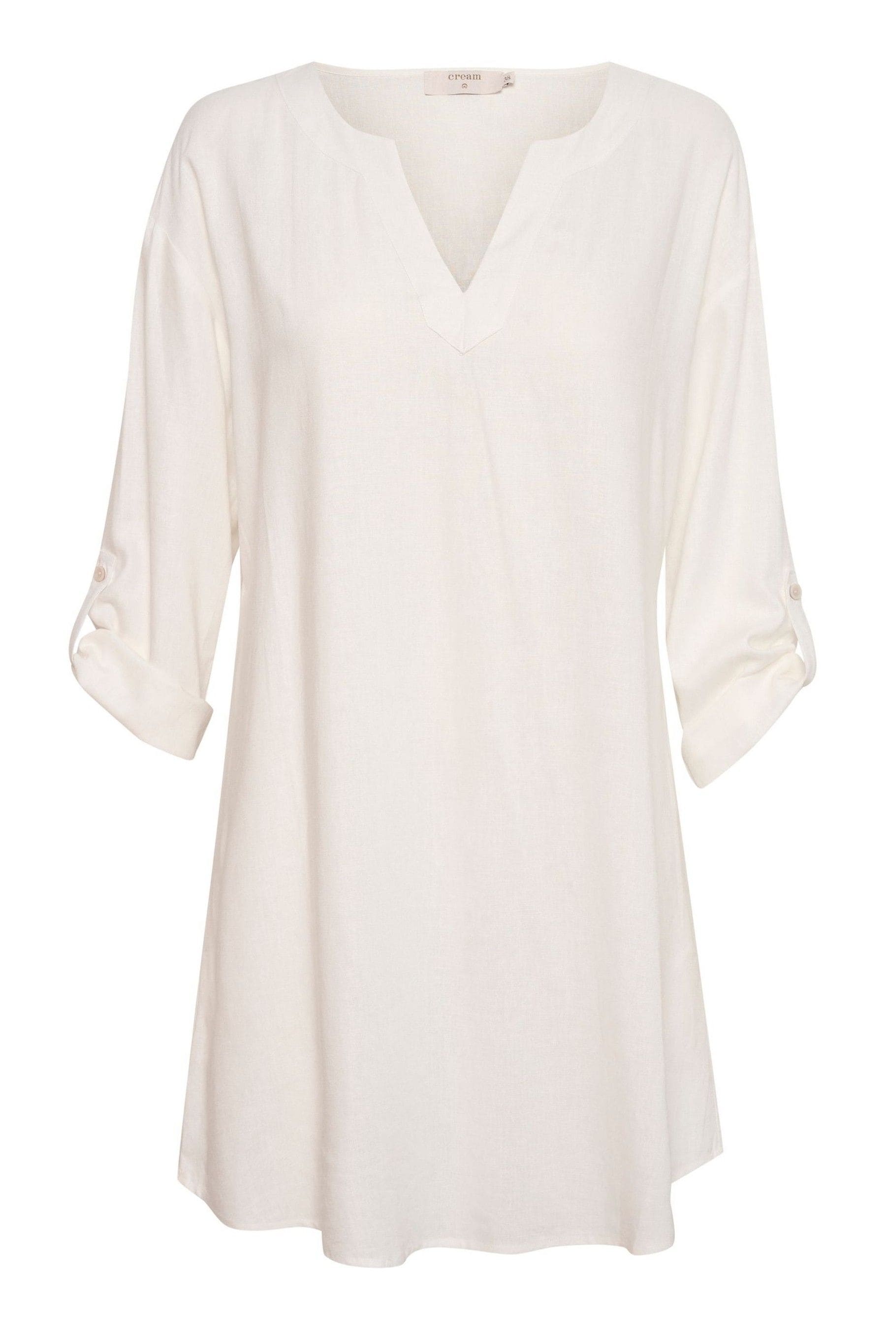 Cream Venta V Neck Mid Thigh Length Tunic with Linen