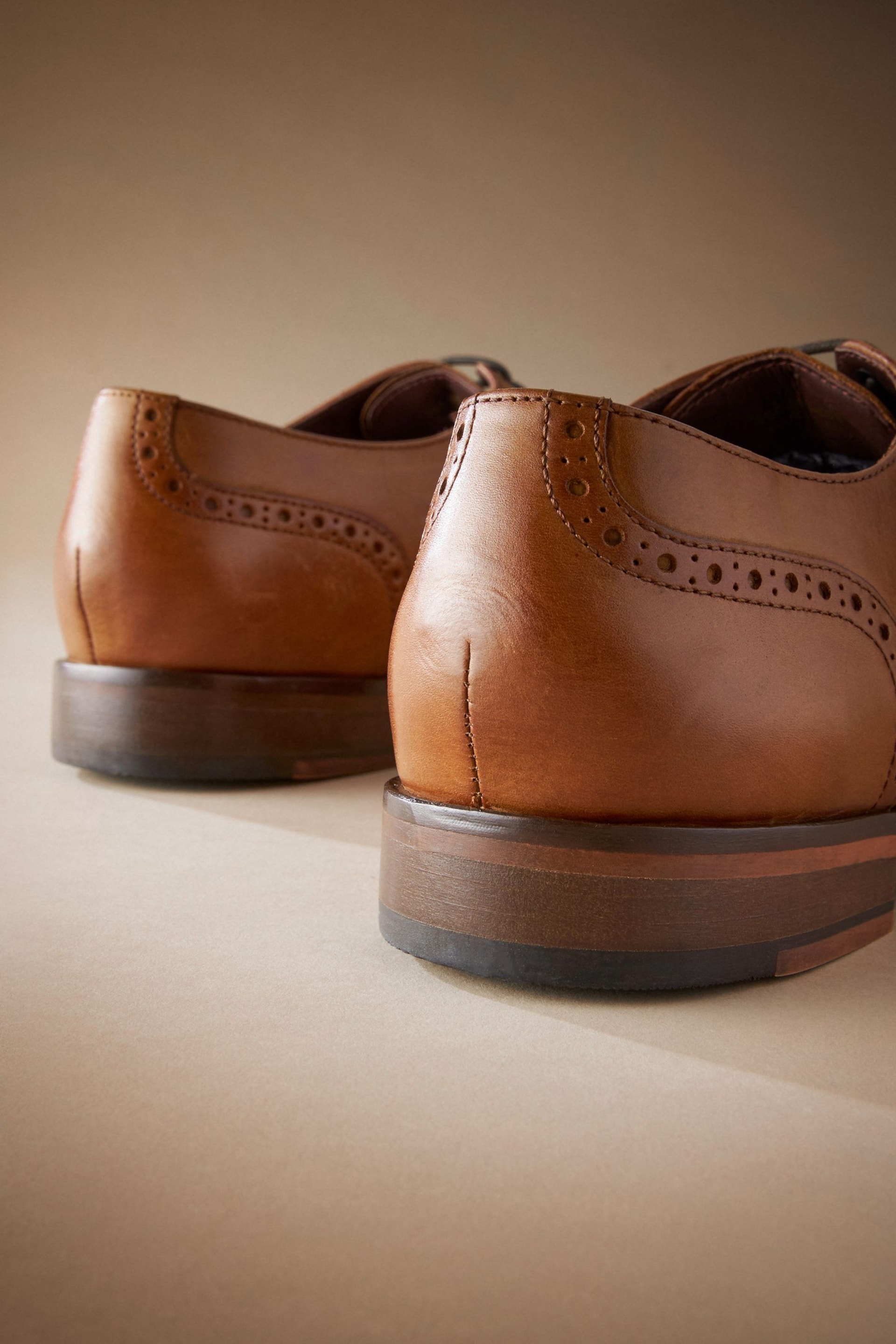 Tan Brown Regular Fit Signature Italian Leather Wing Cap Brogues - Image 6 of 10