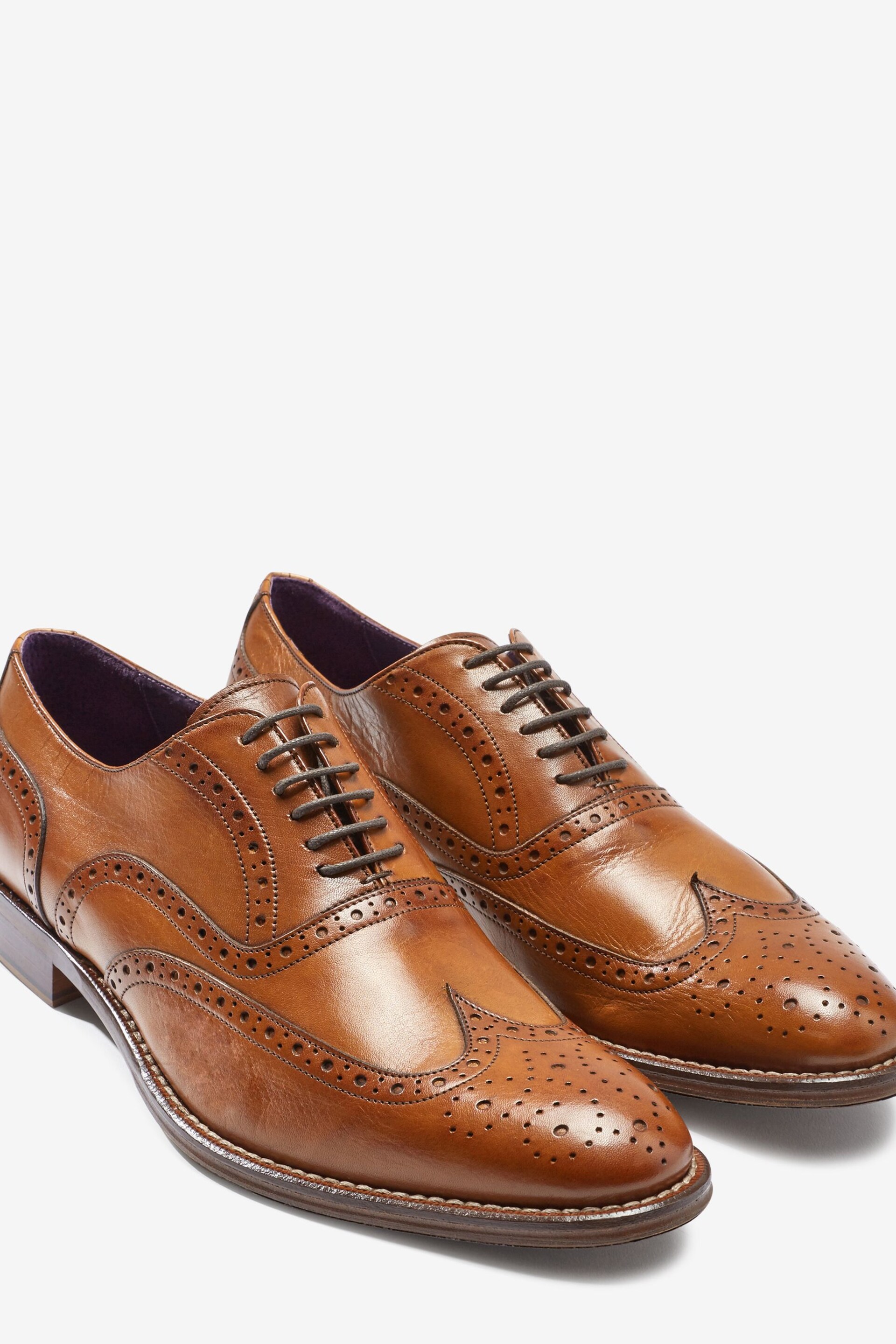 Tan Brown Regular Fit Signature Italian Leather Wing Cap Brogues - Image 6 of 7