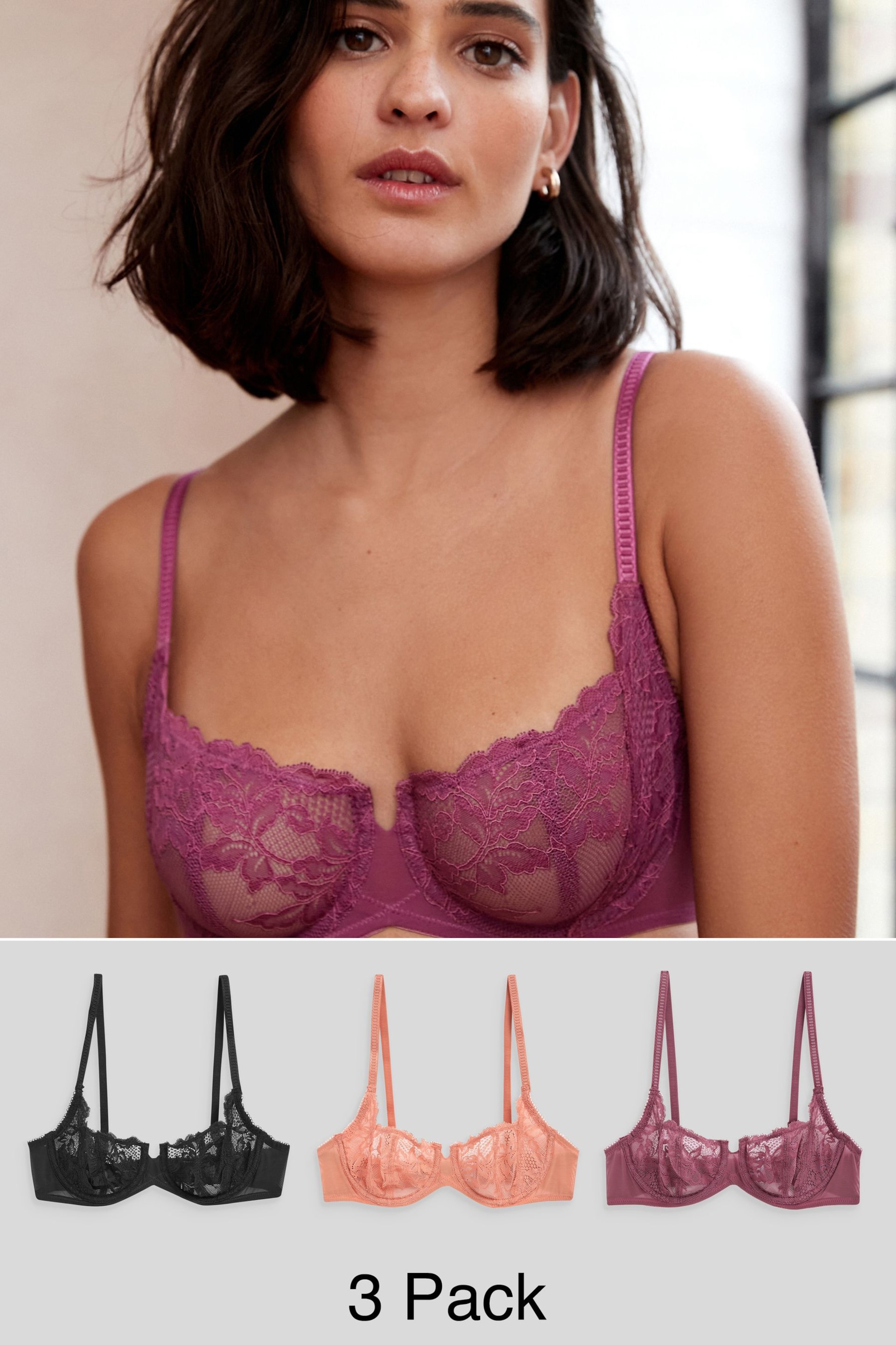 Black/Terracotta/Rose Pink Non Pad Balcony Lace Bras 3 Pack - Image 1 of 11