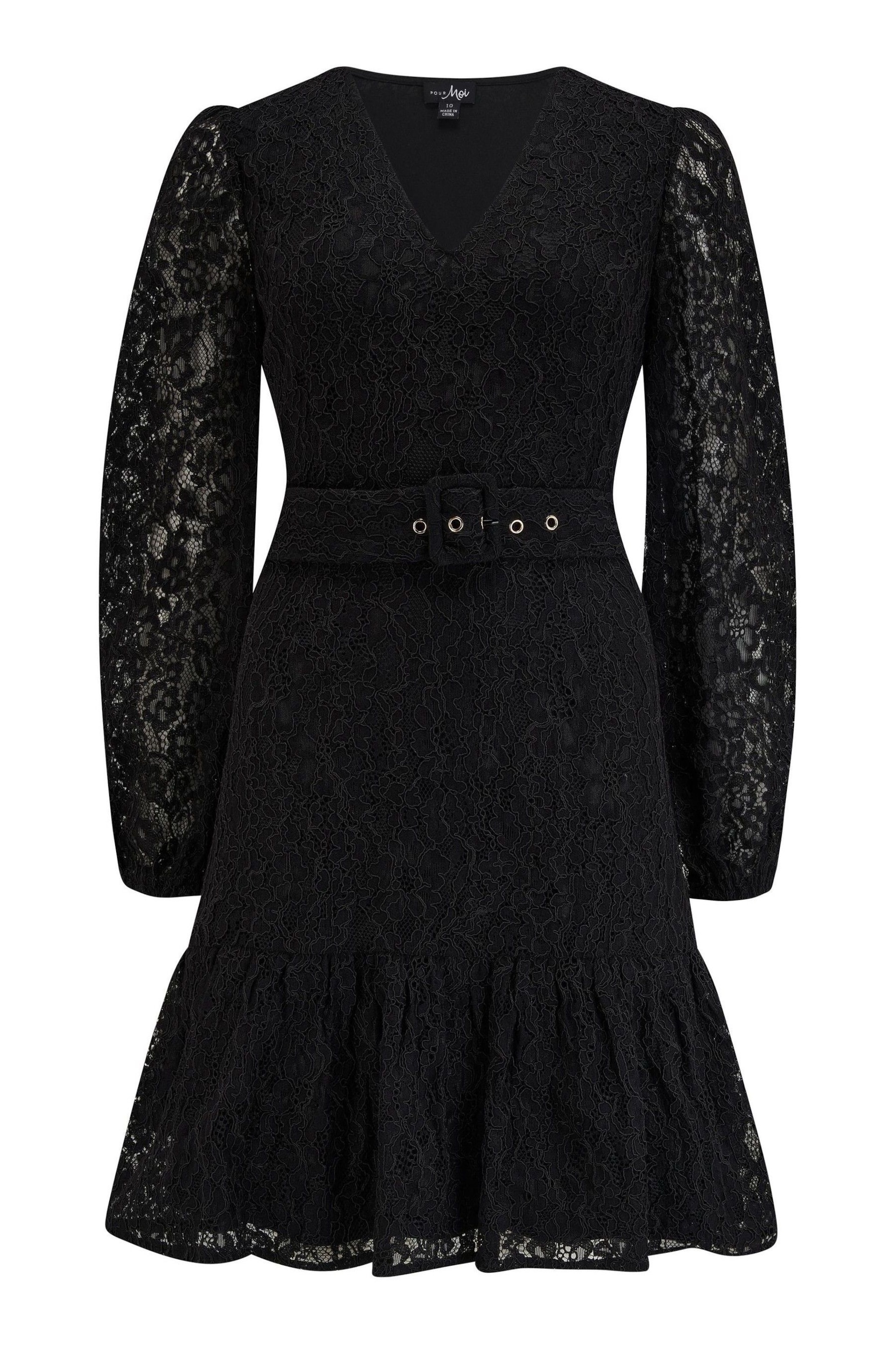 Pour Moi Black Corded Lace Fitted Lorena Dress with Belt - Image 3 of 4