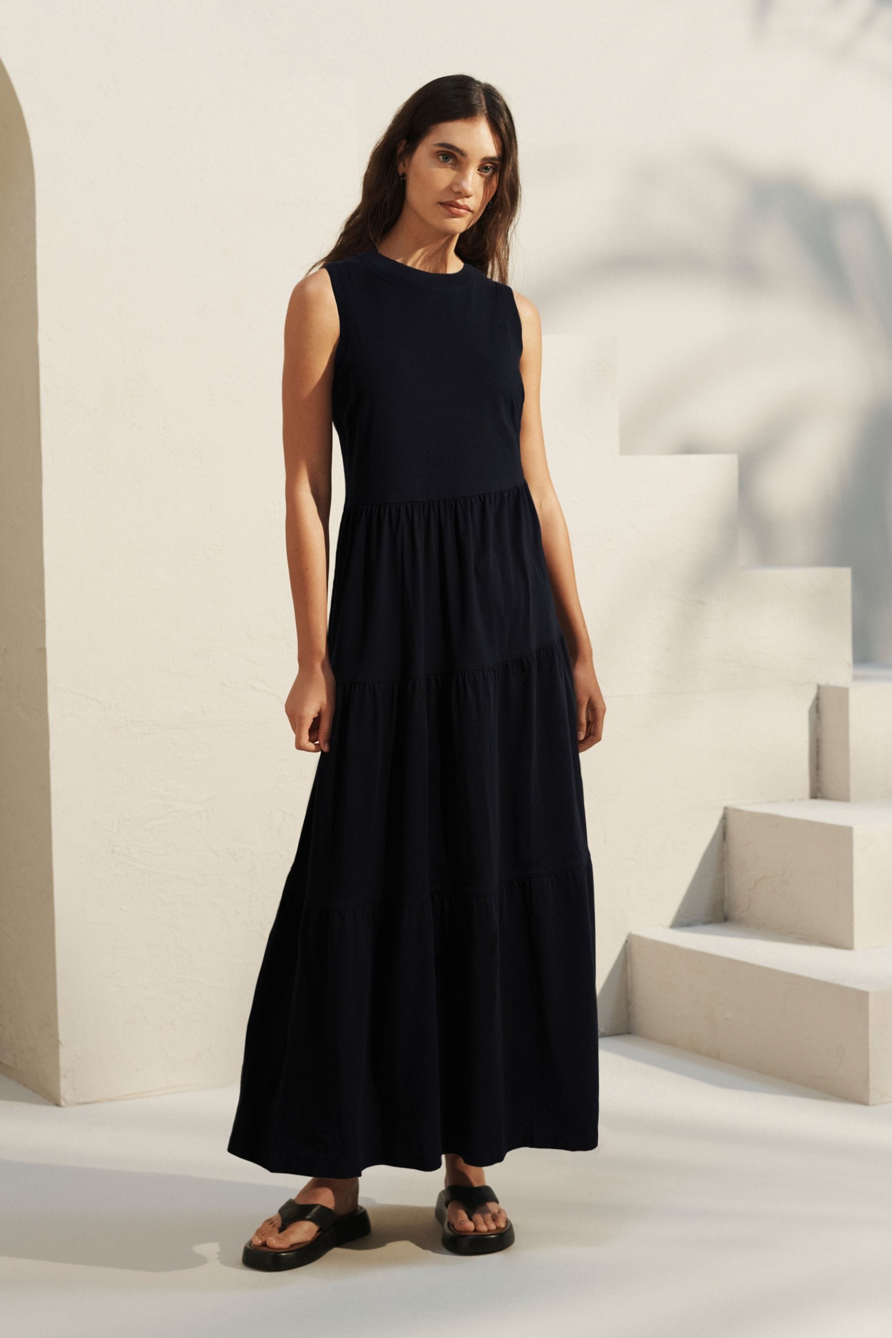 NEXT Black Sleeveless 100 Cotton Crew Neck Tiered Summer Maxi Jersey Dress 6 Womens