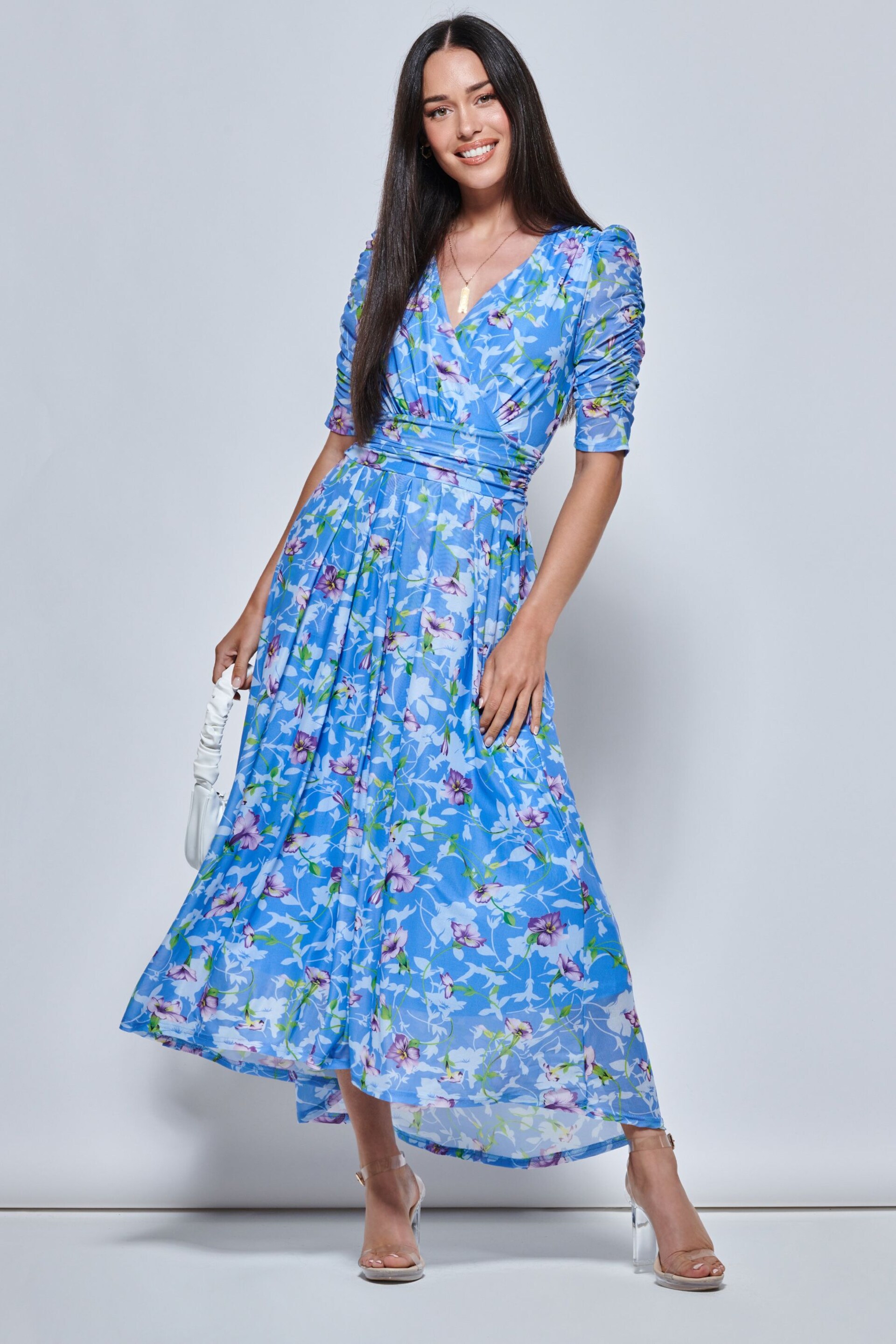 Jolie Moi Blue Print Dip Hem Mesh Maxi Dress - Image 1 of 5