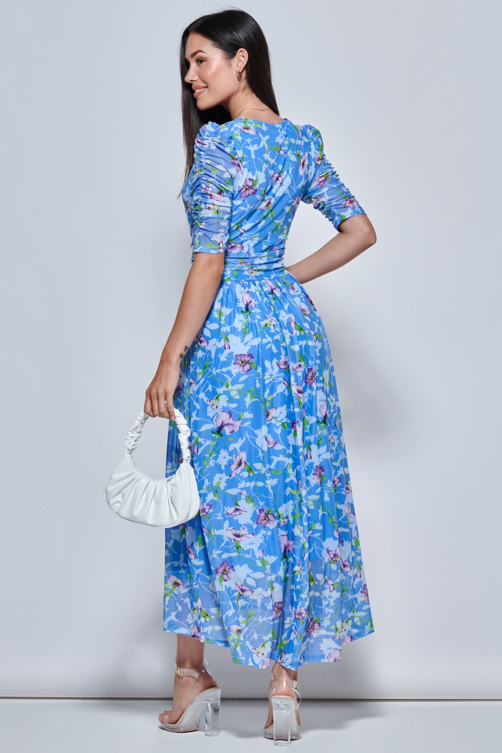 Jolie Moi Blue Print Dip Hem Mesh Maxi Dress - Image 2 of 5
