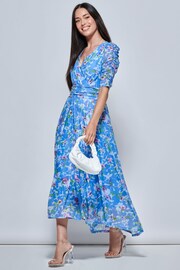 Jolie Moi Blue Print Dip Hem Mesh Maxi Dress - Image 3 of 5