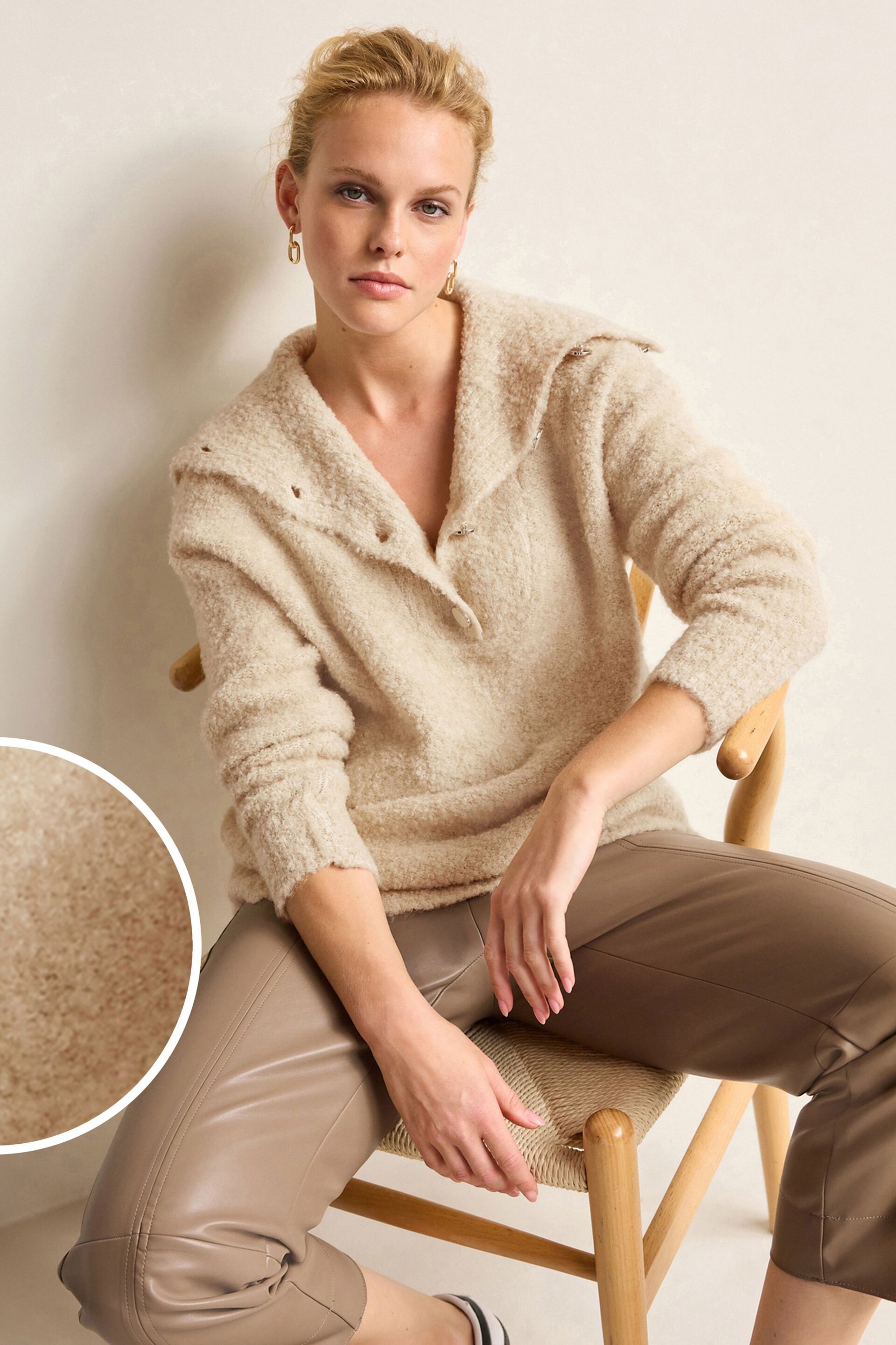 Ecru White Bouclé Button Neck Jumper - Image 1 of 6