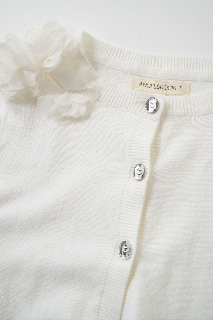 Angel & Rocket White 100% Cotton Flower Trim Cardigan - Image 4 of 4