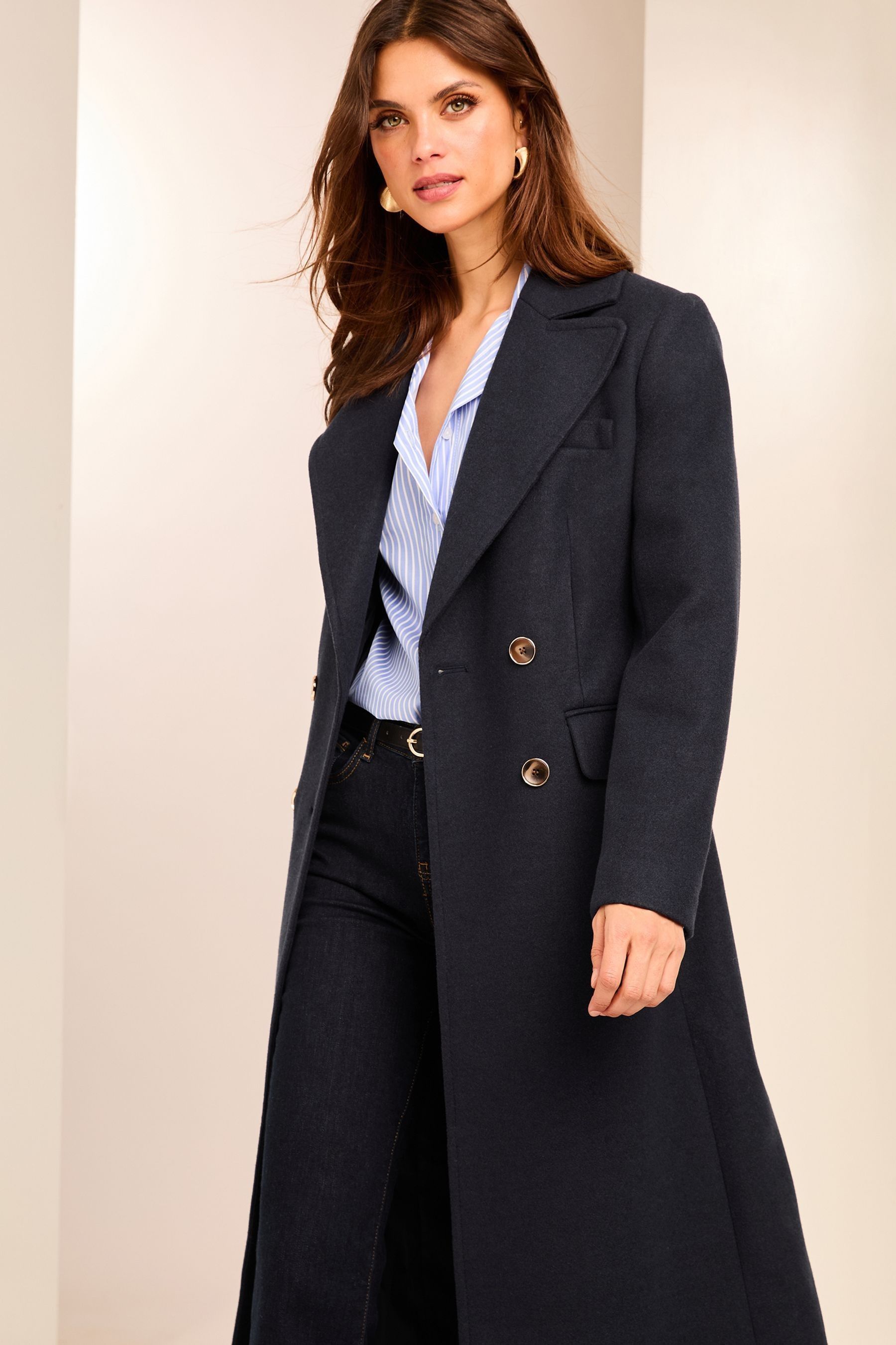 Buy Lipsy Navy Blue Long Line Double Breasted Coat With Wool from the Next UK online shop