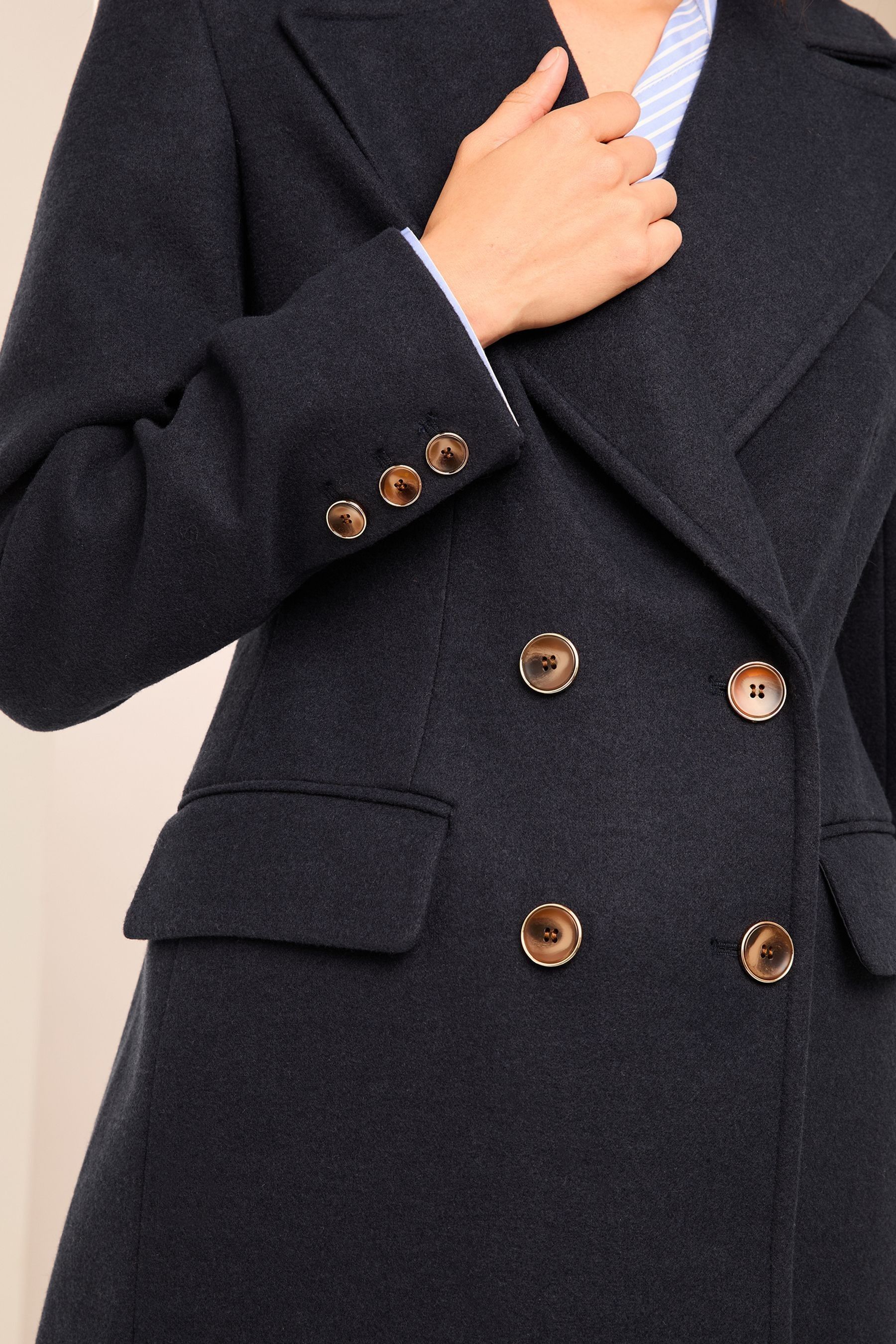 Lipsy Navy Blue Long Line Double Breasted Coat With Wool