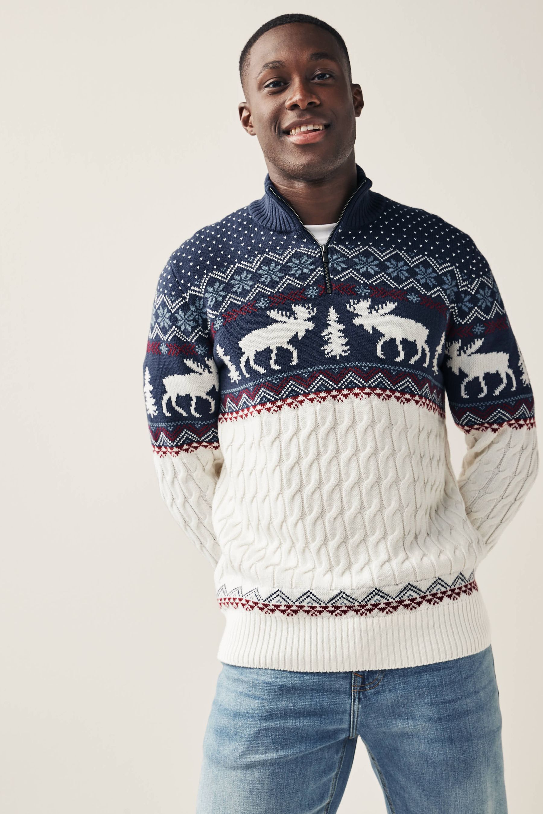 Buy Ecru Cream Navy Blue Zip Neck Regular Knitted Christmas Jumper from Next Lithuania