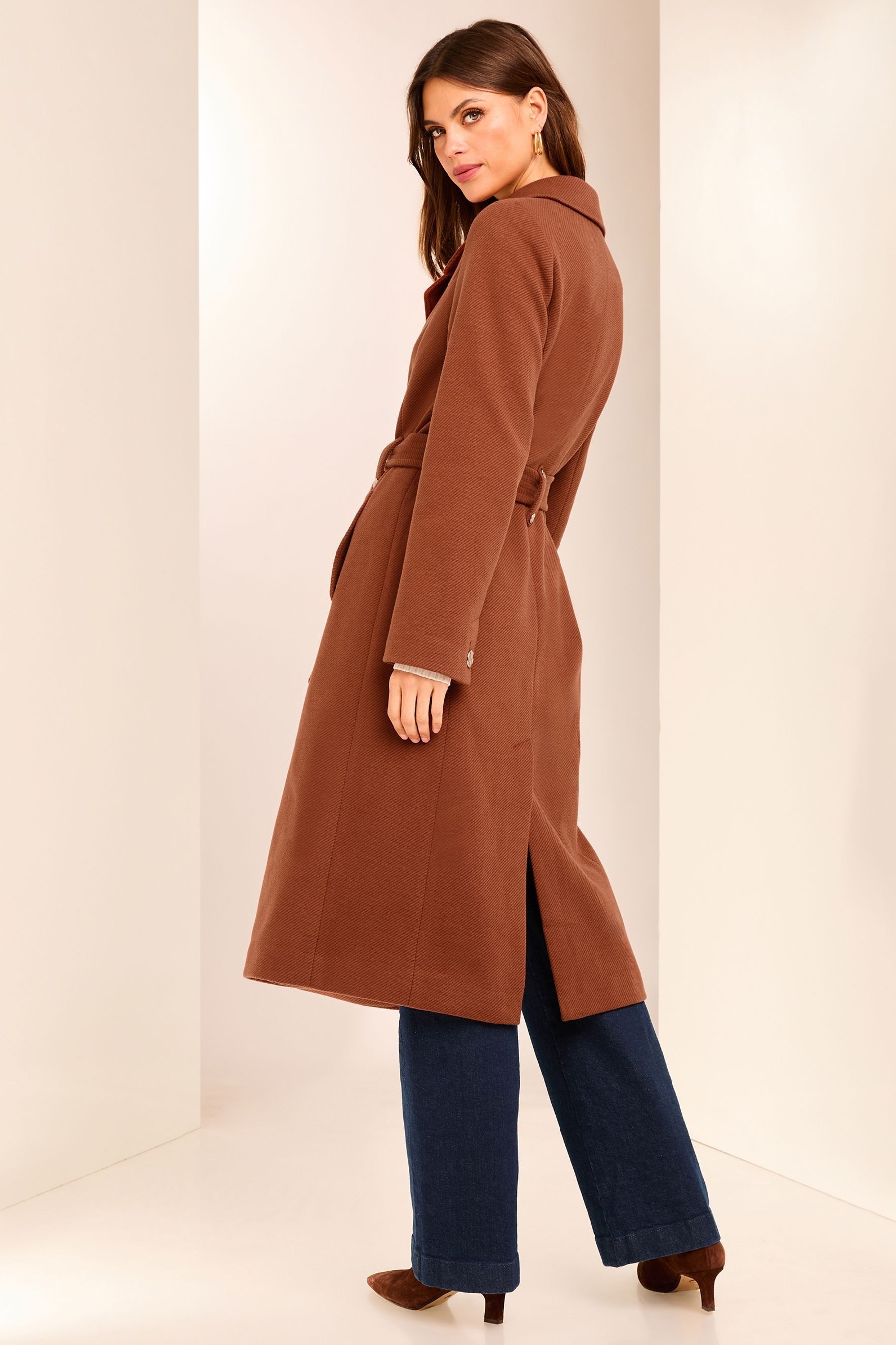 Buy Lipsy Rust Red Petite Double Breasted Long Line Belted Coat from the Next UK online shop