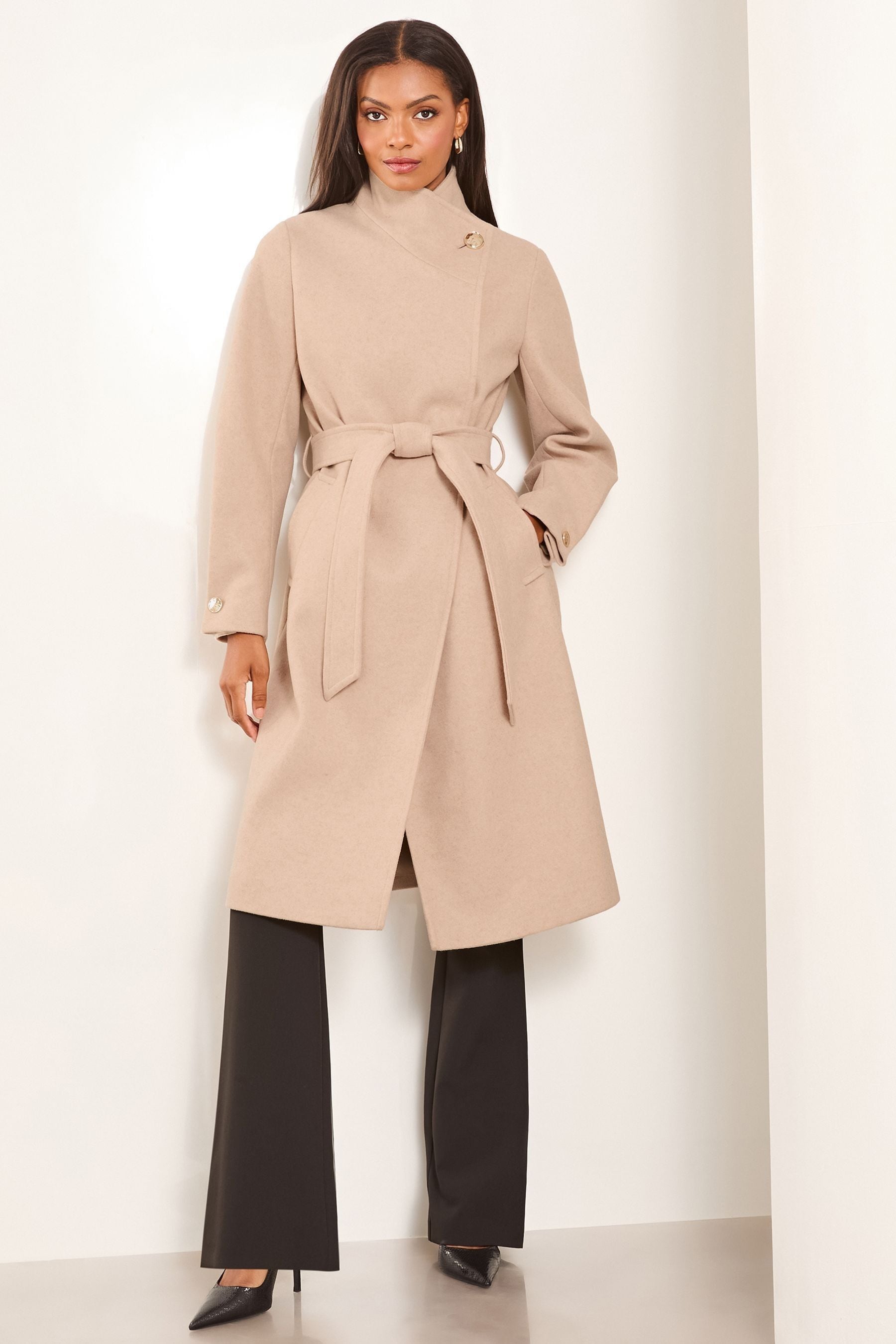 Buy Lipsy Biege Petite Funnel Neck Wrap Belted Coat With Wool from Next Ireland