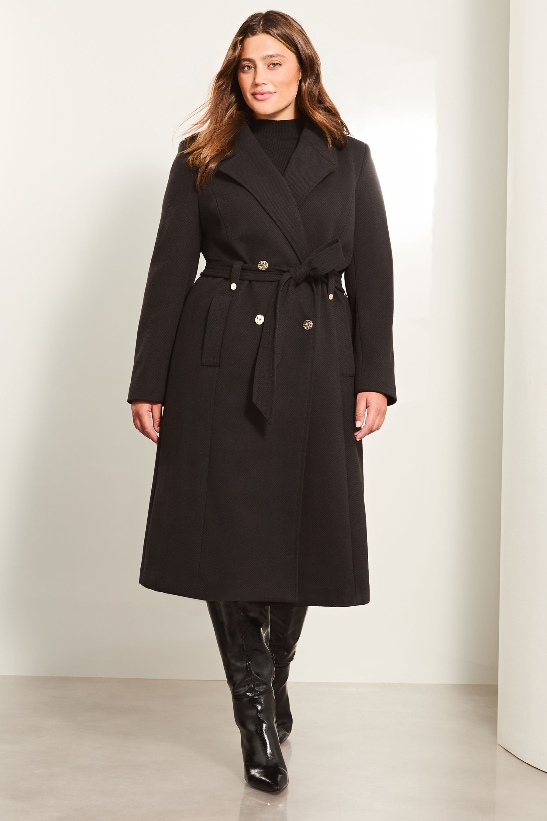 Buy Lipsy Black Curve Double Breasted Long Line Belted Coat from Next Luxembourg