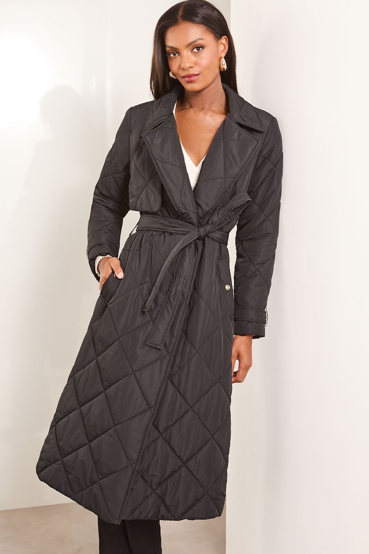 Lipsy Black Shower Resistant Quilted Trench Coat - Image 1 of 4