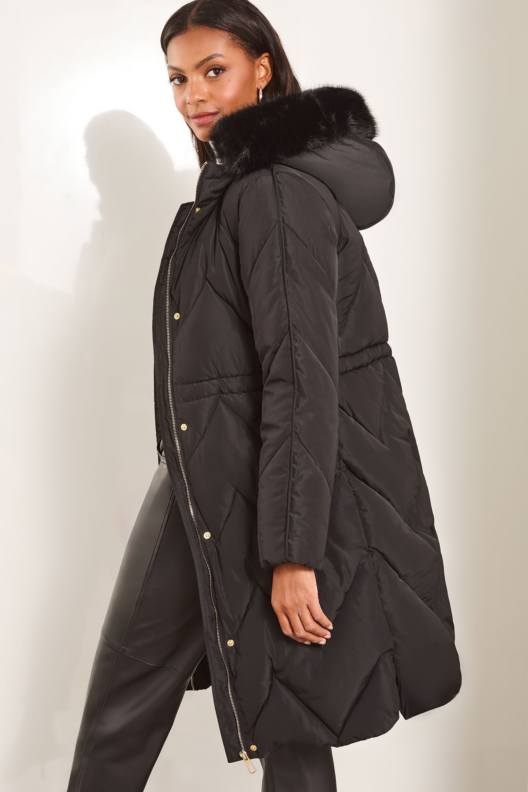 Lipsy Black Shower Resistant Quilted Padded Parka Coat