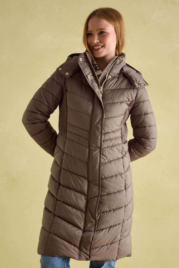 Joules Pembury Neutral Showerproof Longline Padded Coat With Hood - Image 1 of 8