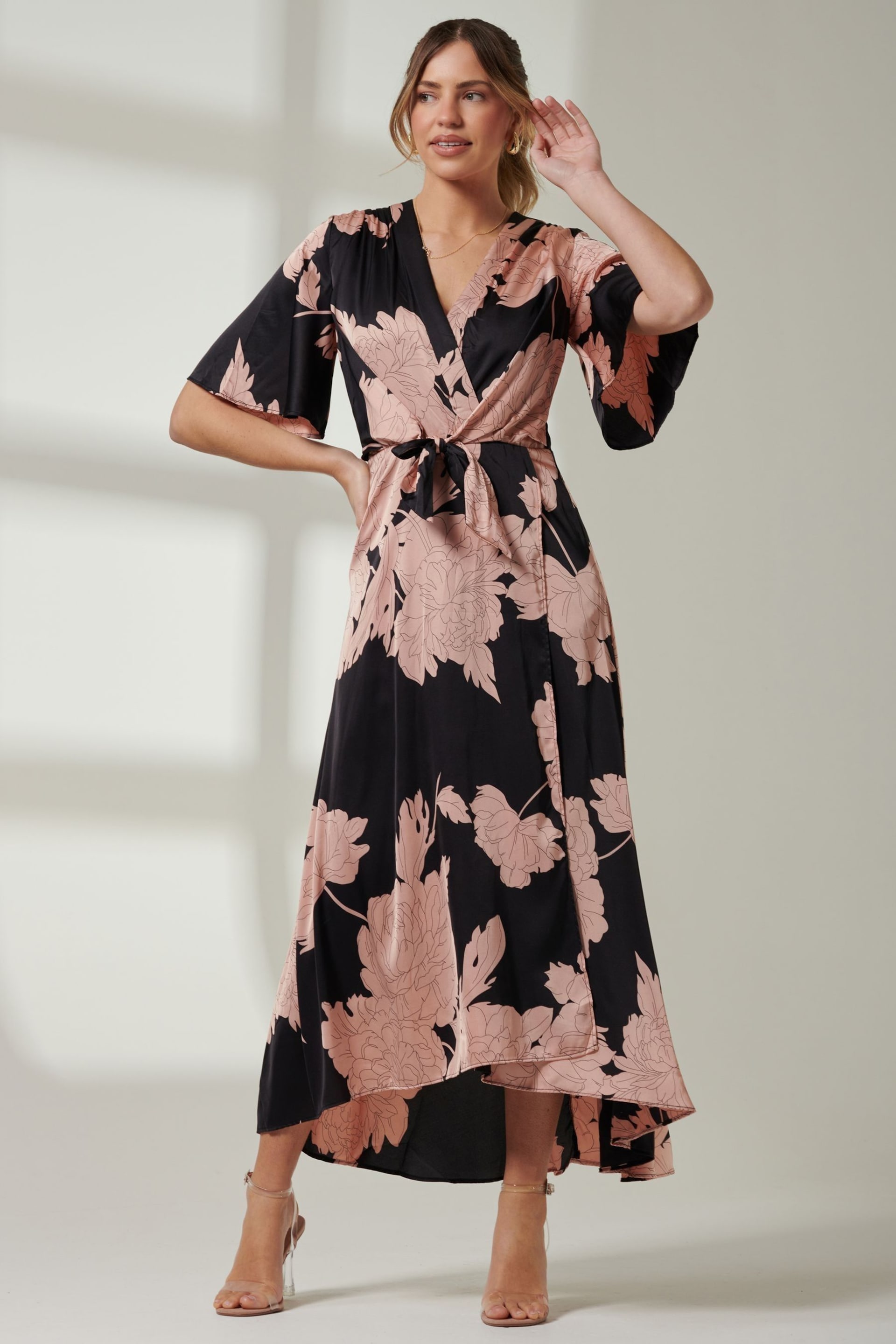 Jolie Moi Black Angel Sleeve Satin Maxi Dress - Image 4 of 6