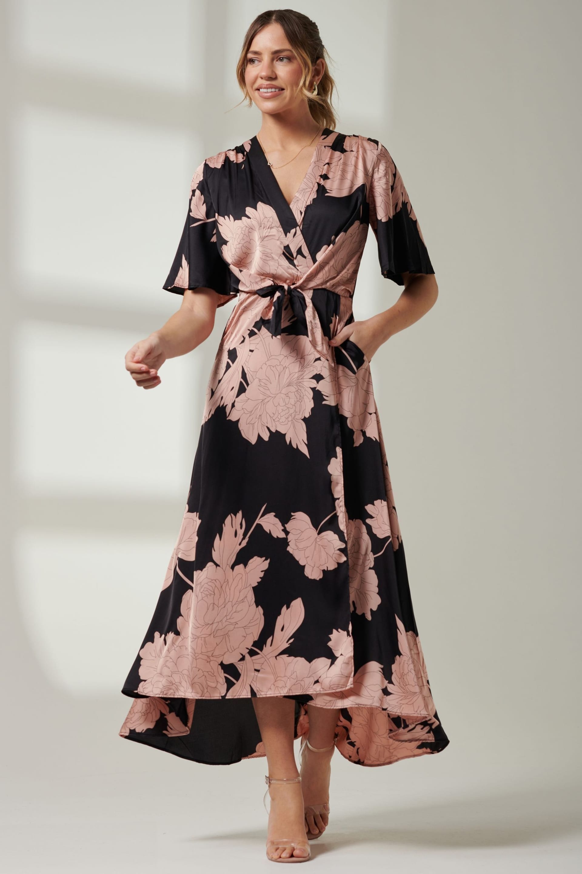 Jolie Moi Black Angel Sleeve Satin Maxi Dress - Image 6 of 6