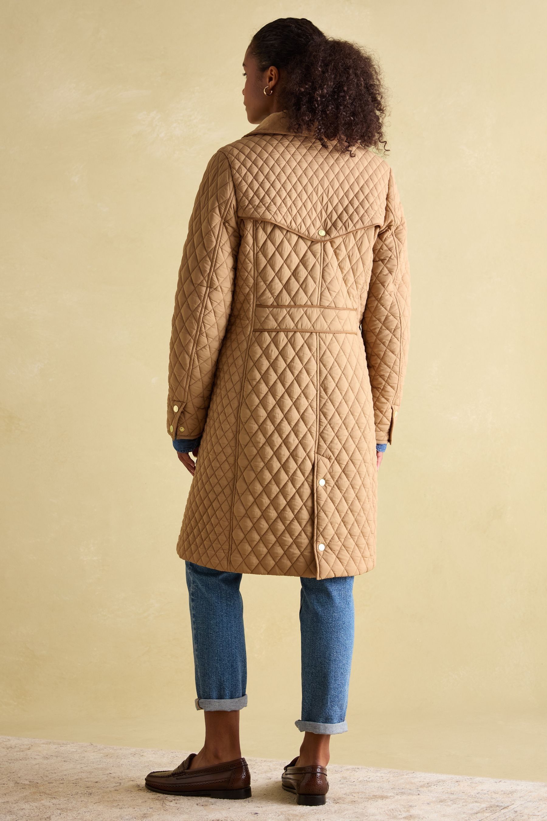Buy Joules Rosewell Tan Brown Showerproof Longline Diamond Quilted Coat from Next Luxembourg