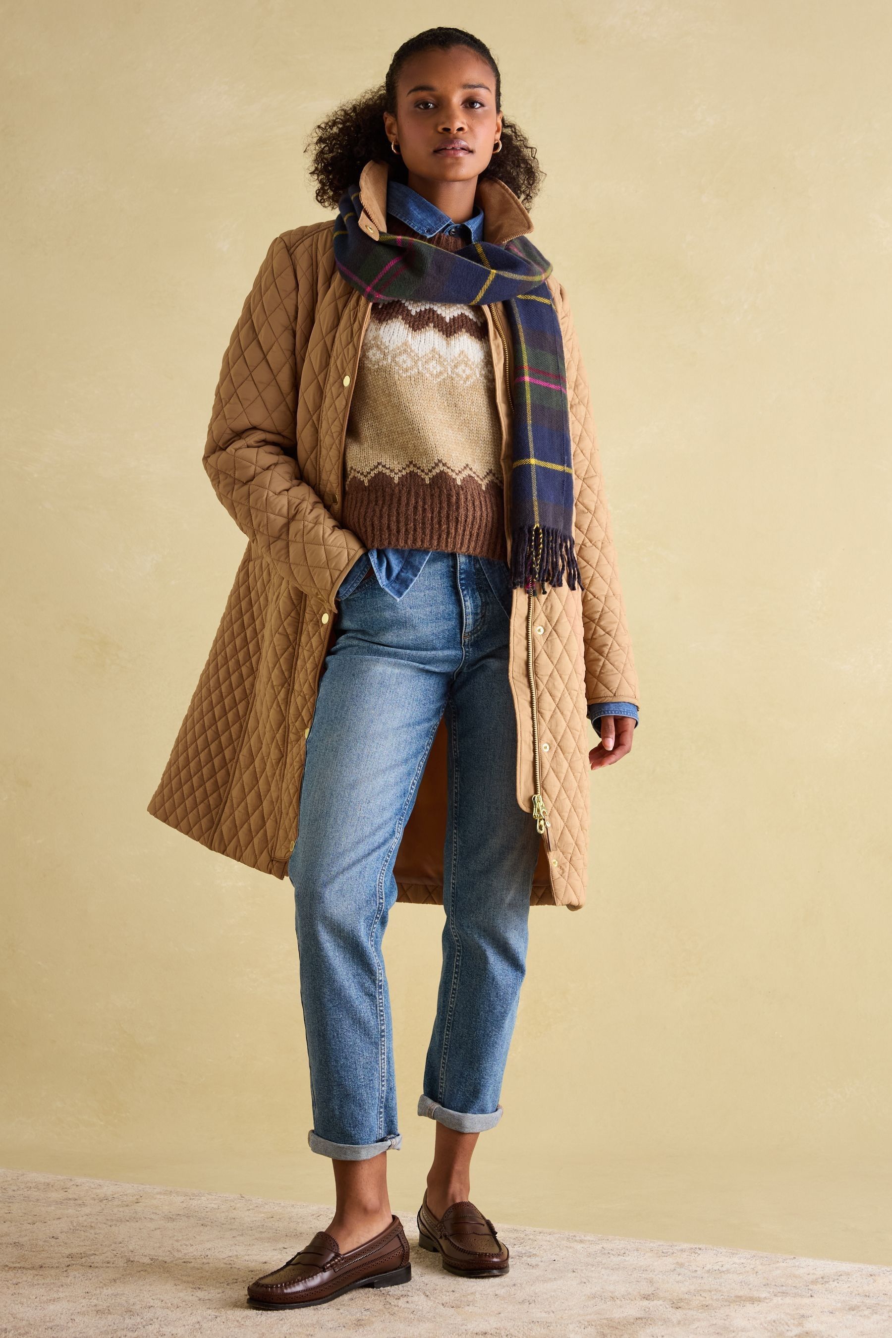 Buy Joules Rosewell Tan Brown Showerproof Longline Diamond Quilted Coat from Next USA