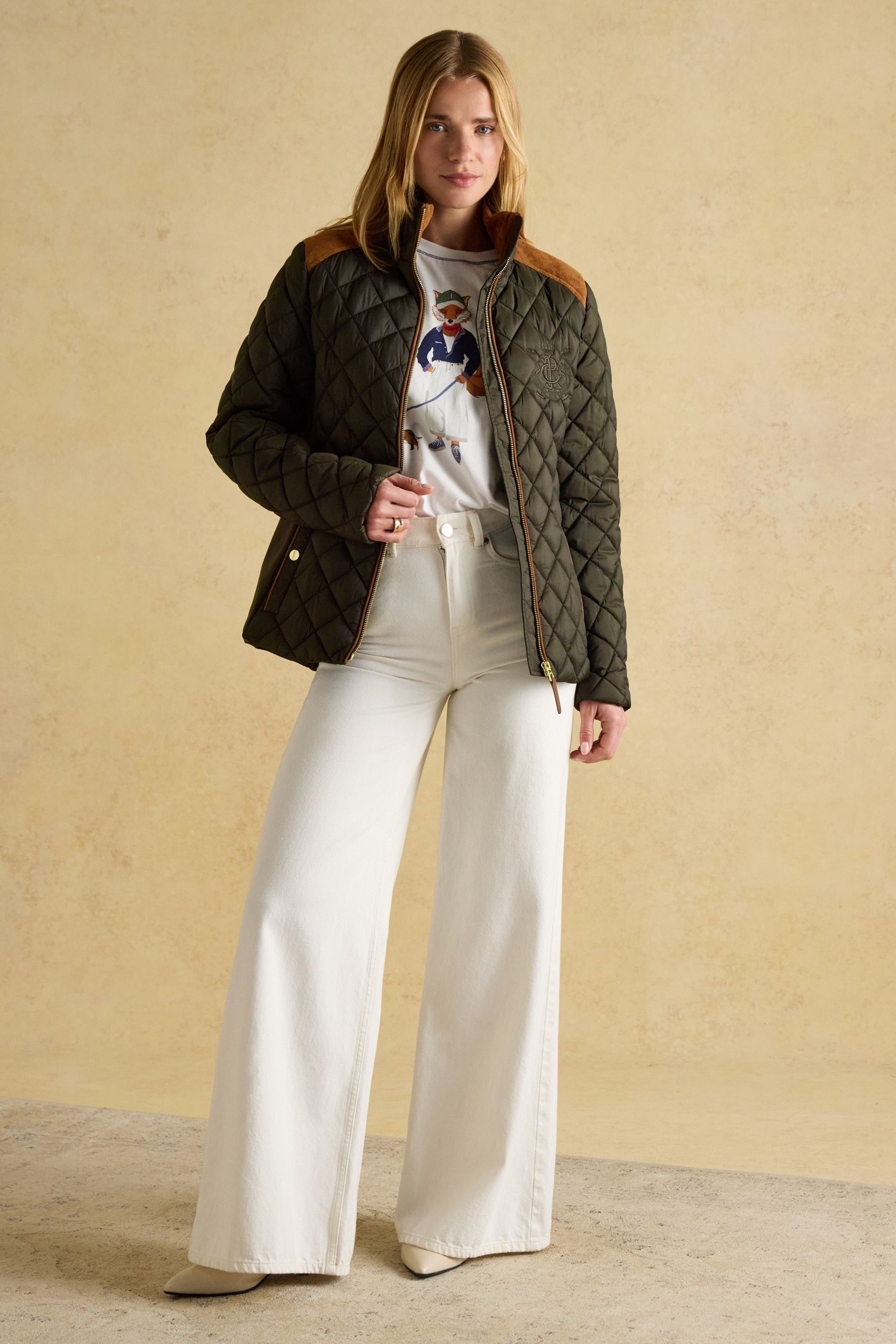 Buy Joules Braemar Luxe Khaki Green Showerproof Diamond Quilted Coat from the Next UK online shop